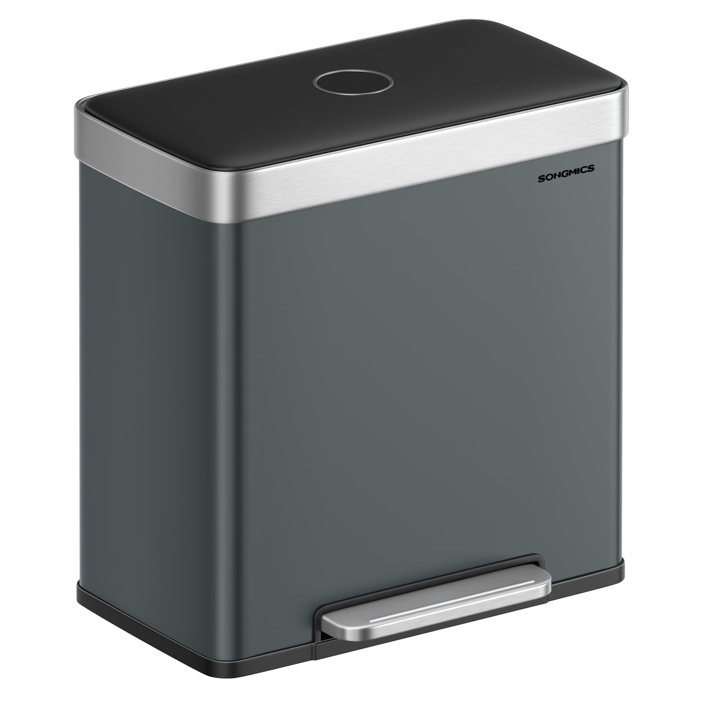 SONGMICS Kitchen Bin, 2 x 30L Stainless Steel Pedal Rubbish Bin with 15 Trash Bags, Recycling and Waste, with Plastic Inner Buckets, Lid, Soft
