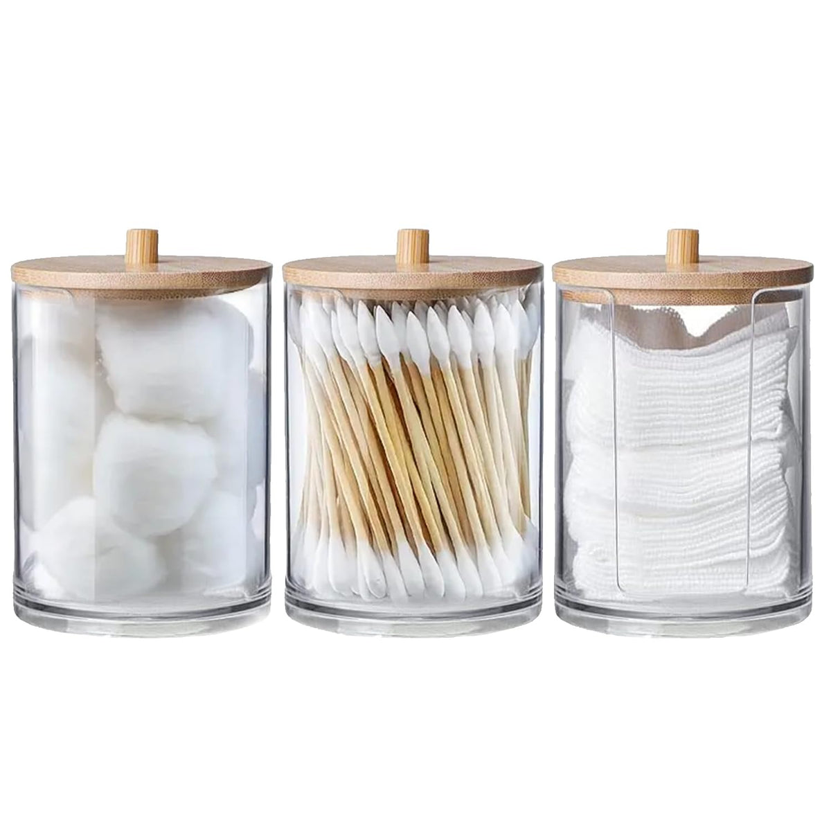 SoapUp? 3 Design Storage Boxes for Bathroom Accessories | Made of Transparent Acrylic & Bamboo Lids | Organizer for Cotton Swabs, Makeup Remover Pads,