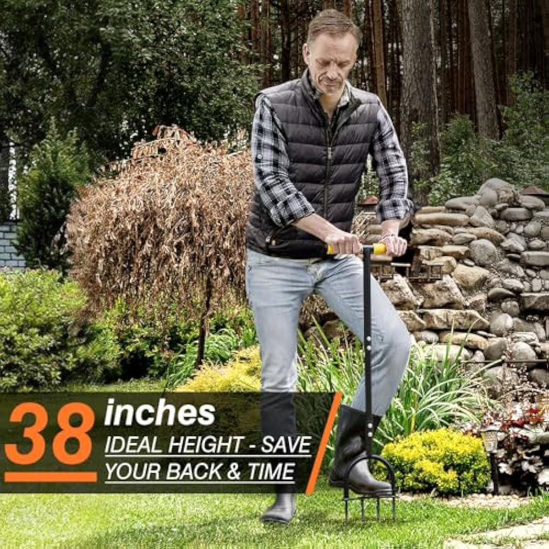 Colwelt Lawn Spike Aerator, Gardening Lawn Aerator for Compacted Soils and Lawns, Non-slip T-Handle Grass Spike Aeration with Four 9cm Solid Steel Spikes, 96cm