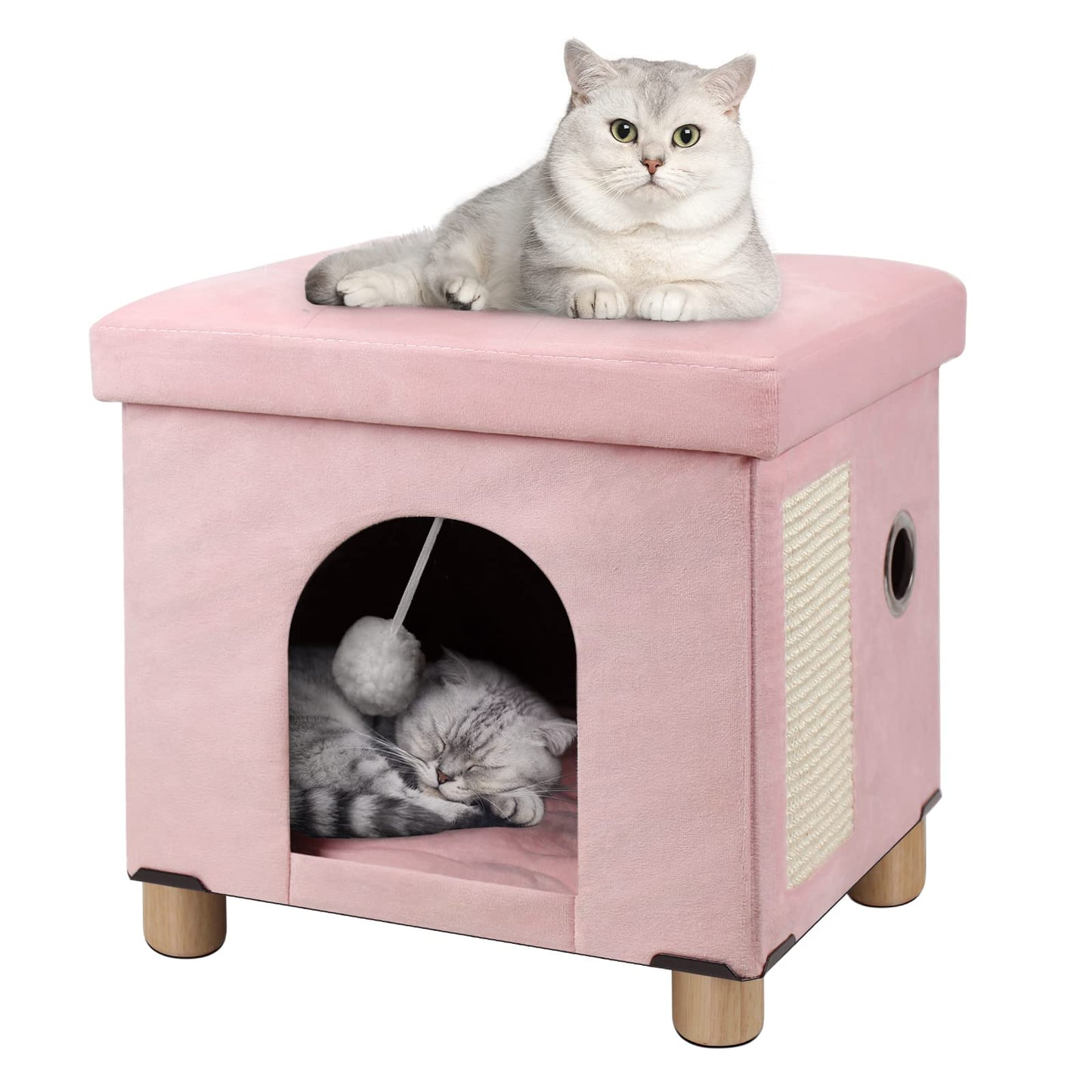BRIAN & DANY Cat Cave for Indoor Cats, Multifunctional Cat Cube House with Scratch Board & Ball, Foldable Cat Bed, 37.5 x 32.5 x 36 cm, Pink