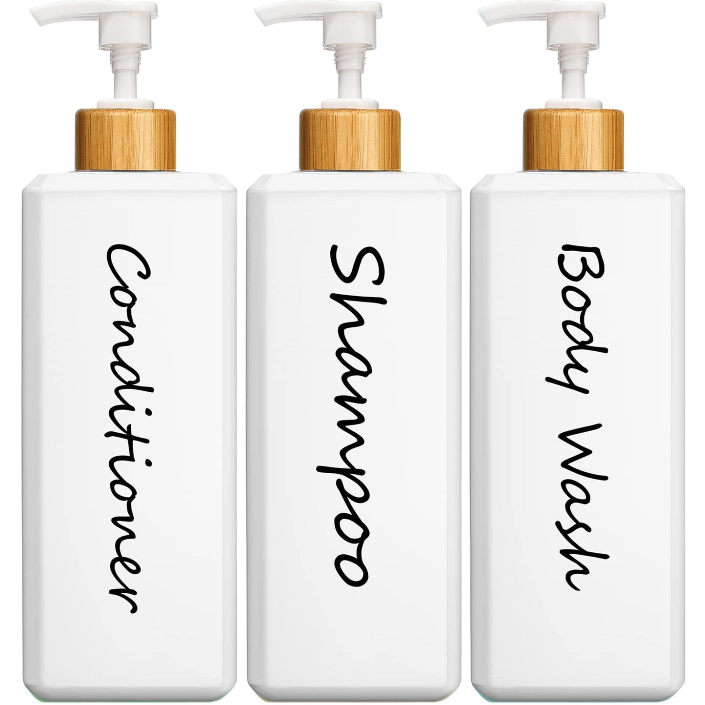 GMISUN Shampoo and Conditioner Dispenser, Refillable White Shampoo and Conditioner Bottles with Bamboo Pump, Modern Bathroom Shower Bottles Set for