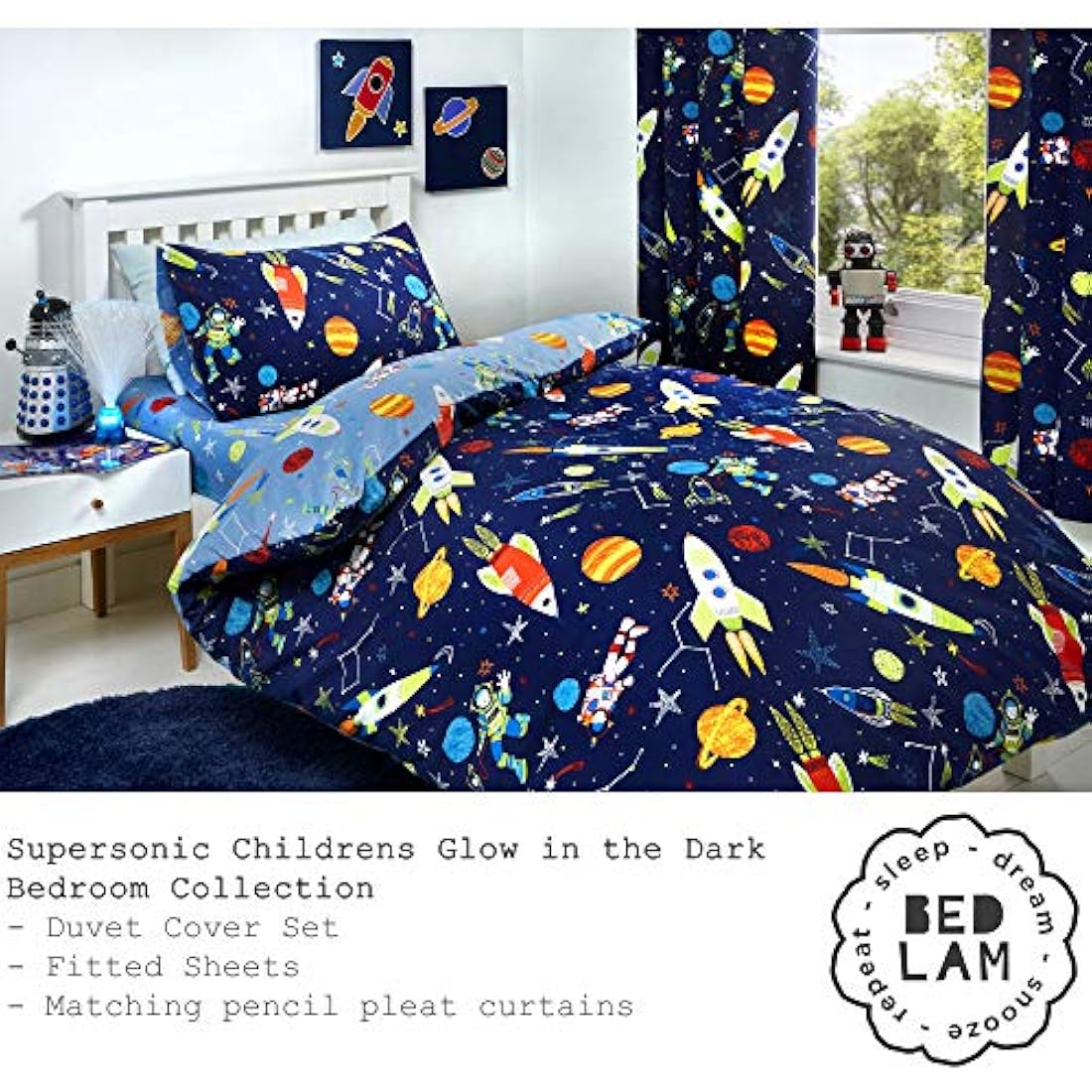 Bedlam - Supersonic - Glow In The Dark Lined Pencil Pleat Curtains - 66" Width x 72" Drop (168 x 183cm), Blue