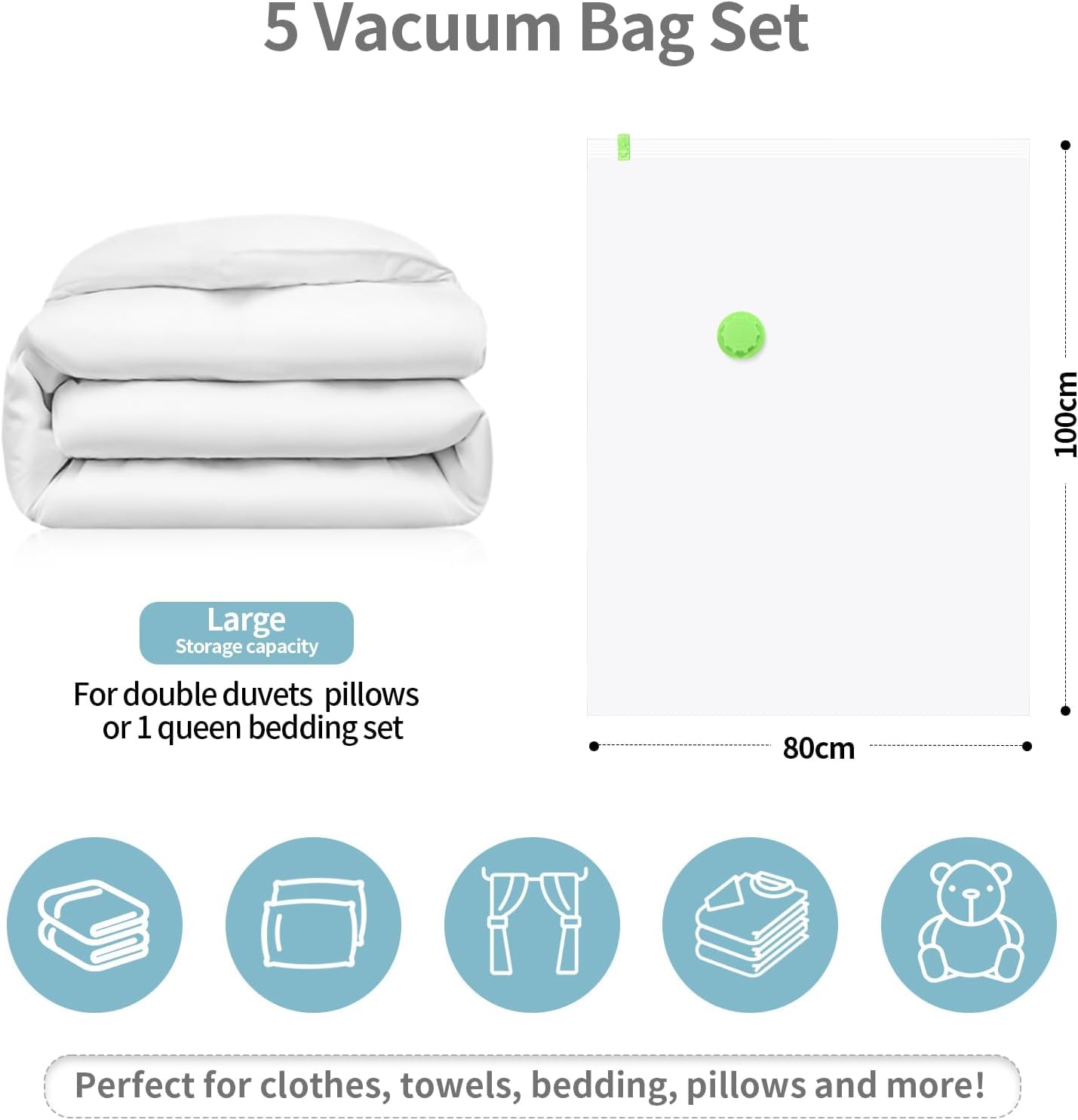 HEAVY DUTY 5 VACUUM STORAGE BAGS by Gorilla Bags, Extra Large 100x80cm. Extra Strong 90 Microns. Double Zip Seal & Unique Turbo Valve Keeps Items