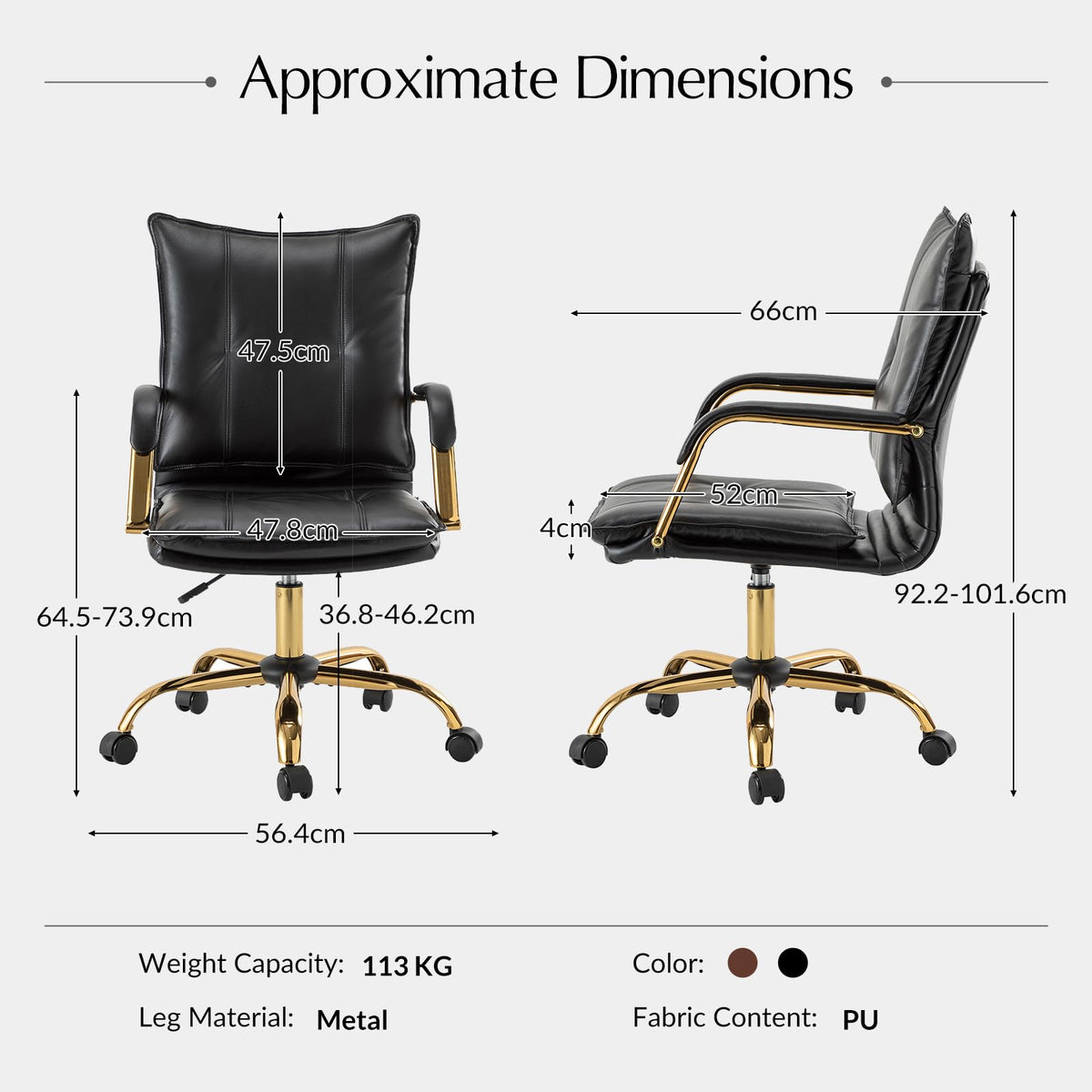 HULALA HOME Faux Leather Home Office Chair with Gold Base and Arms, Black