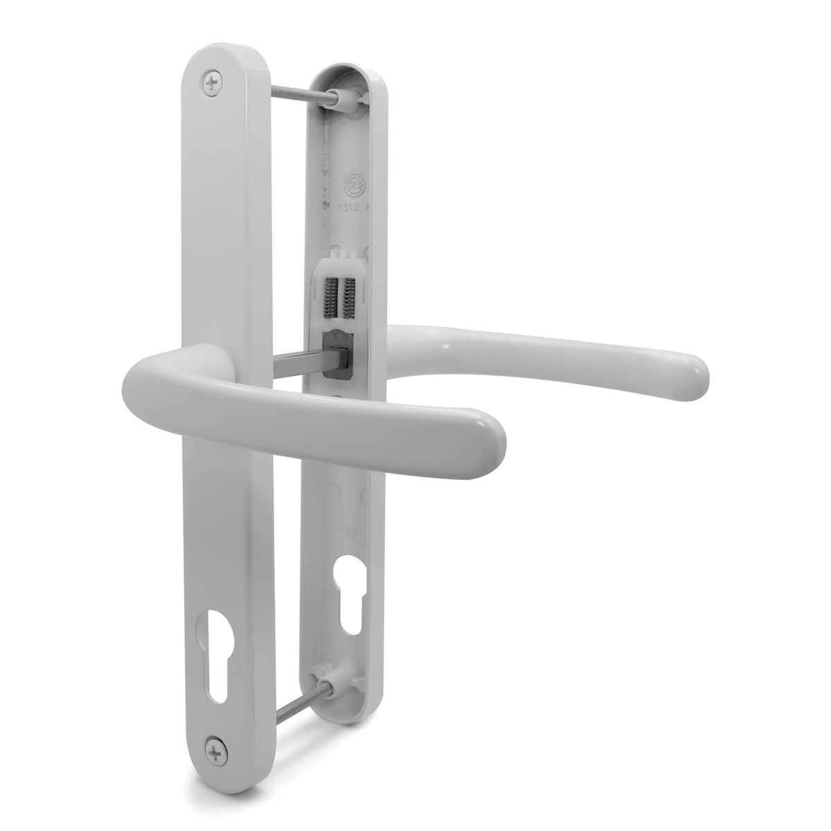 TSS White UPVC Door Handle Pair Set, 92mm PZ (Centres), Sprung, Lever Lever, 240mm Screw to Screw (Screw centres), Backplate 270mm x 32mm -