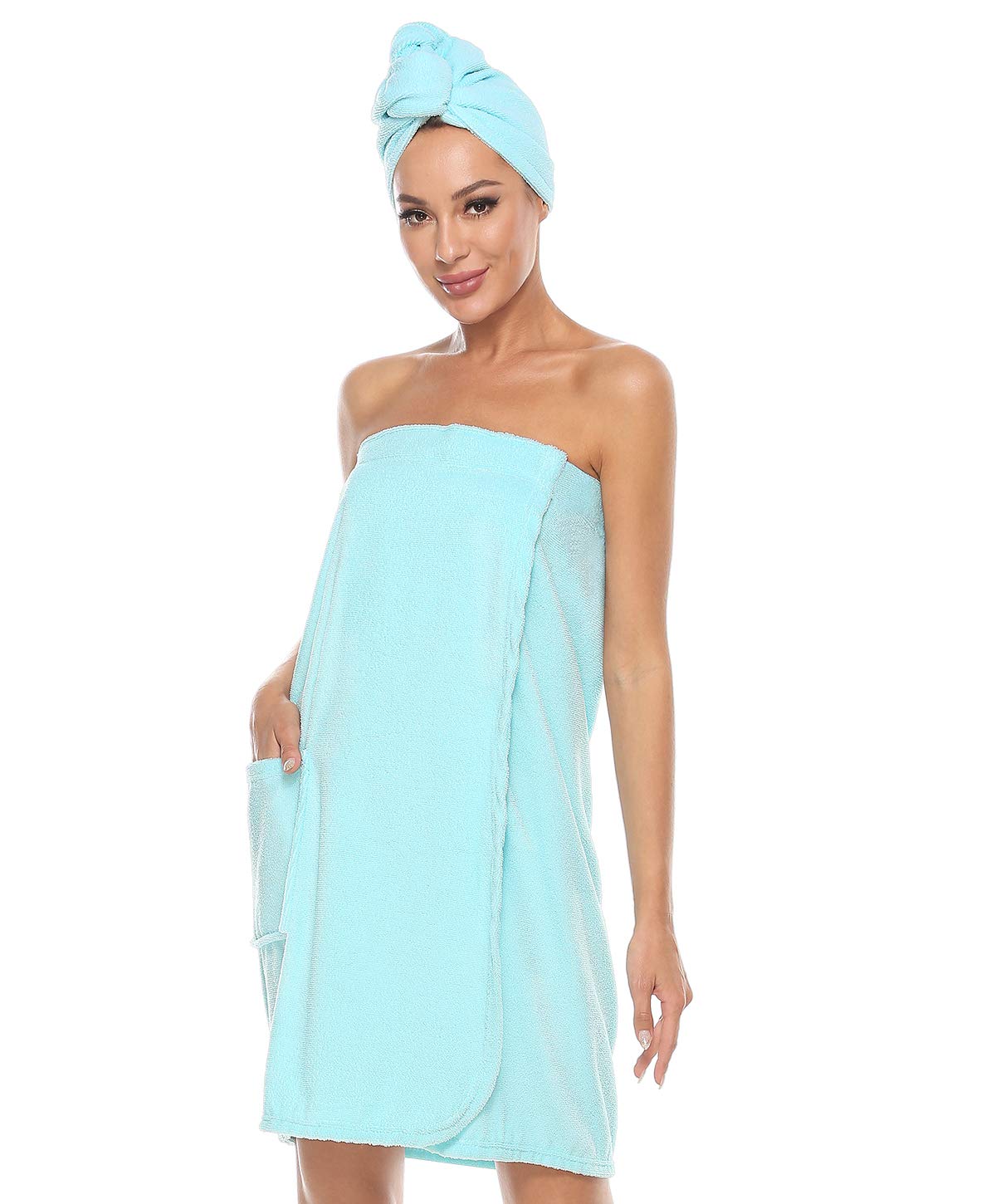 Vislivin Womens Wrap Towel Robe Spa Wraps & Hair Towel Bathrobe Wrap Adjustable Closure Blue L