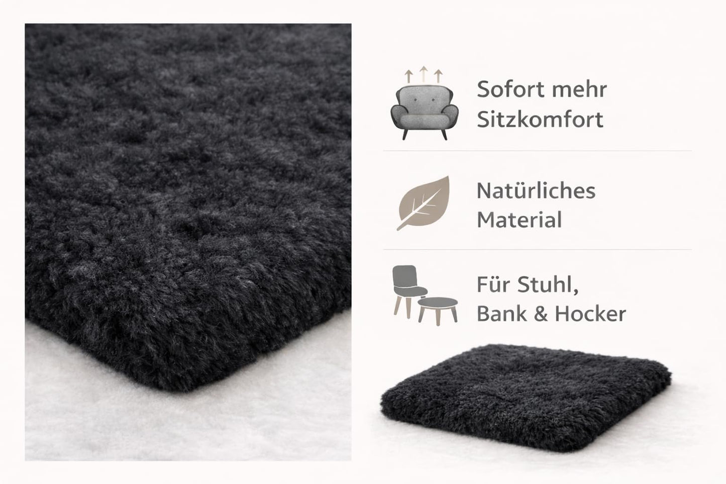 Naturasan Merino Lambskin Seat Cushion 40 x 40 cm (Black) - Soft Seat Cover Made of Real Lambskin, Decorative & Temperature Regulating, for Chair
