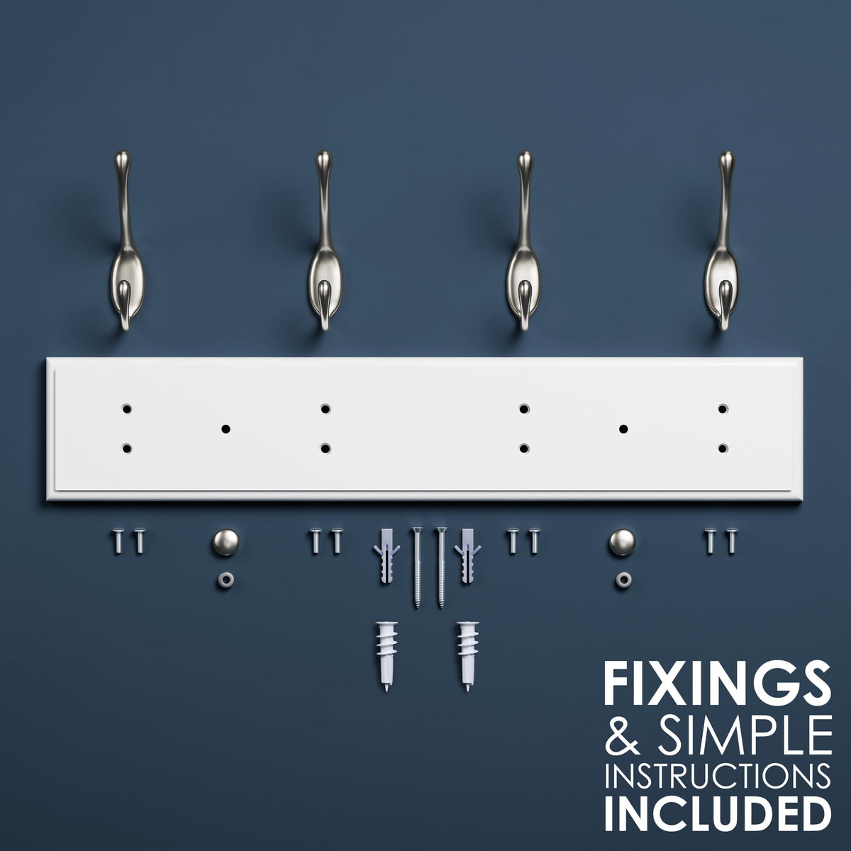 LARHN White Wall-Mounted Coat Rack - 4 Matt-Nickel Coat Hooks, 42cm