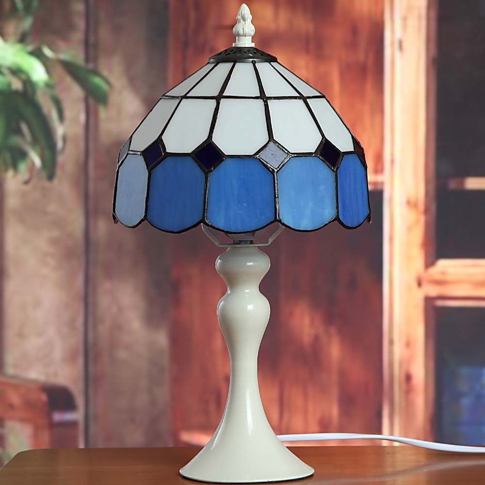 Bieye L30042 Mediterranean Tiffany Style Stained Glass Table Lamp with 8 inch Wide Blue Shade, 15 inch Tall