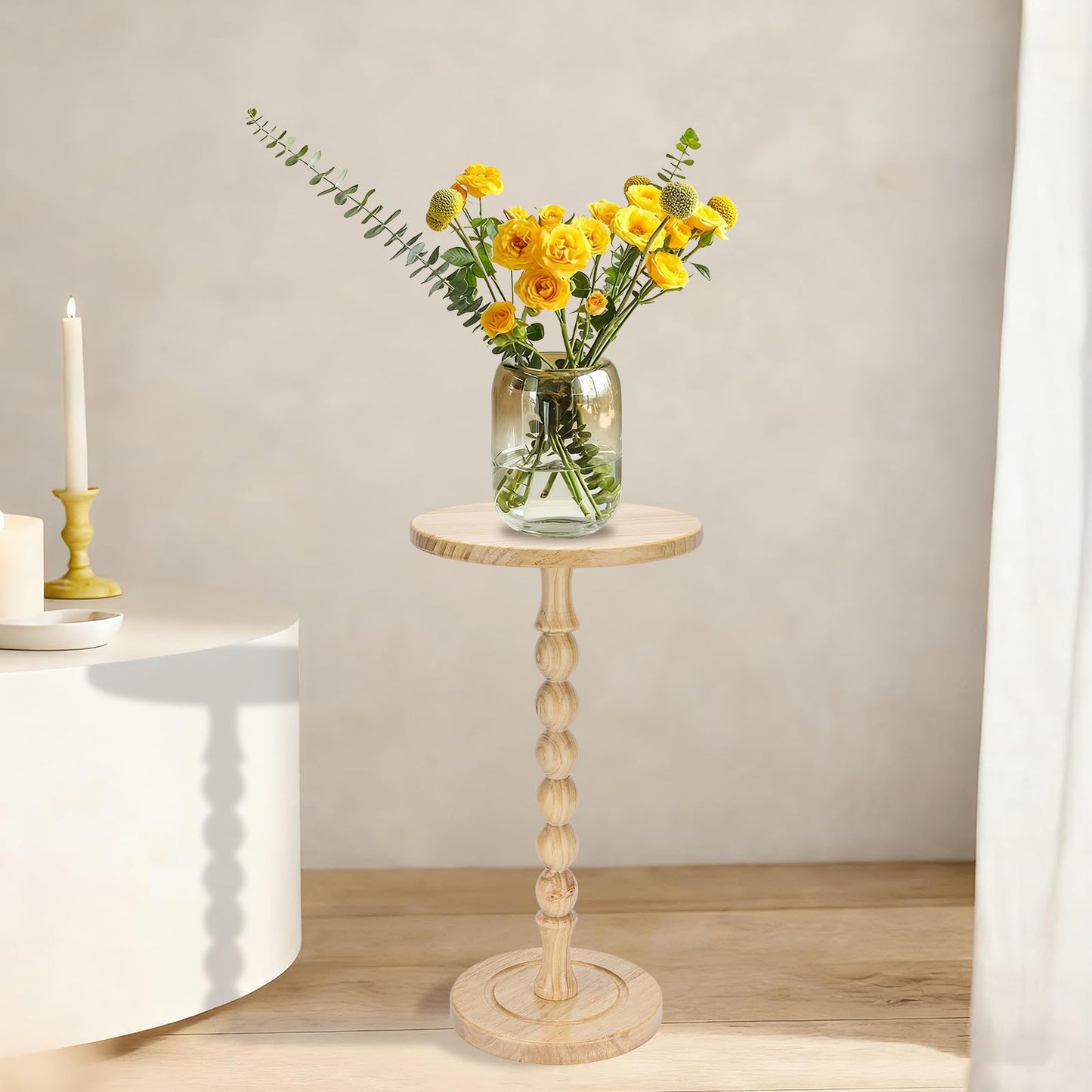 Lampaggio Round Side Table for Small Spaces, Drink Table with Oak Wood Pedestal, Modern End Table Nightstand for Living Room, Bedroom, Office