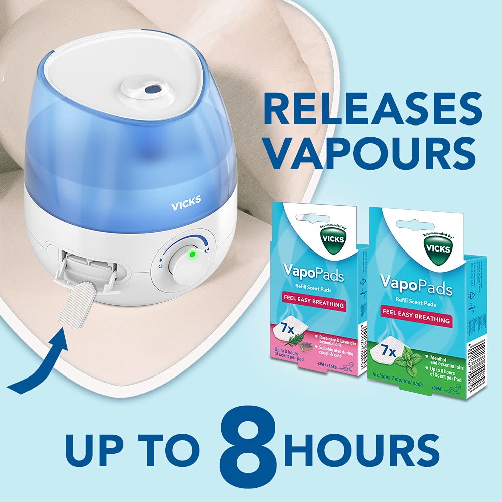 Vicks Mini Cool Mist ultrasonic humidifier - Adjustable mist control - 1.8 L Tank - Home use in bedrooms, offices, nurseries - Rooms to 15m2 - Quiet
