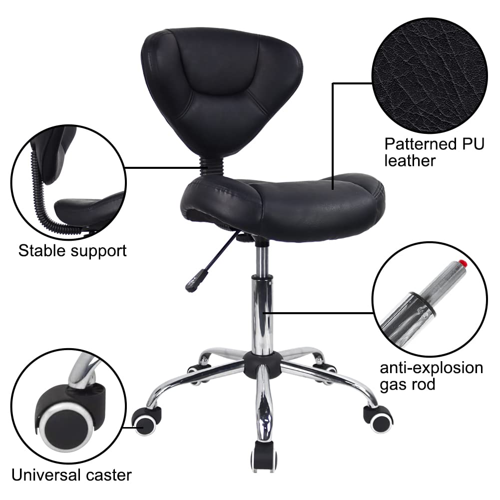 WKWKER Ergonomic Rolling Stool With Thick Cushion PU Leather Height Adjustable Swivel Stool For Work SPA Salon Tattoo With Back (Black)