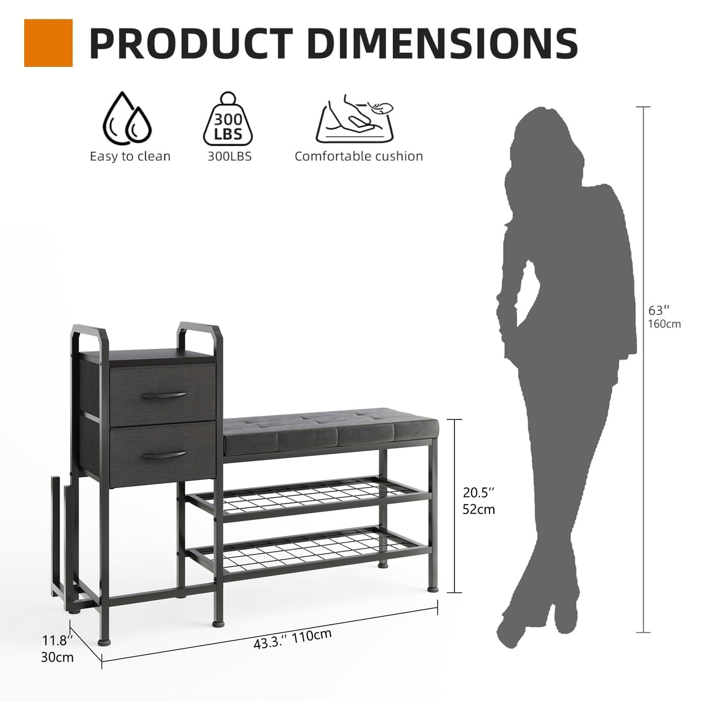 MUTUN Shoe Bench with Cushion, Storage Bench with Padded Seat, 2 Drawer and Open Compartments, for Entryway, Hallway, Living Room, Black