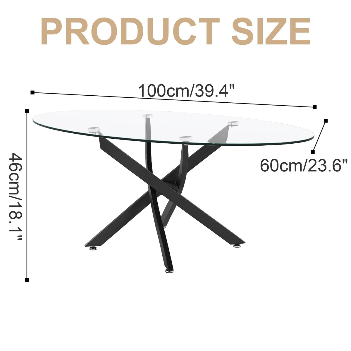 NIERN Glass Coffee Table Oval with Black Metal Legs, 100cm Glass Top, Modern Contemporary Design (Black)