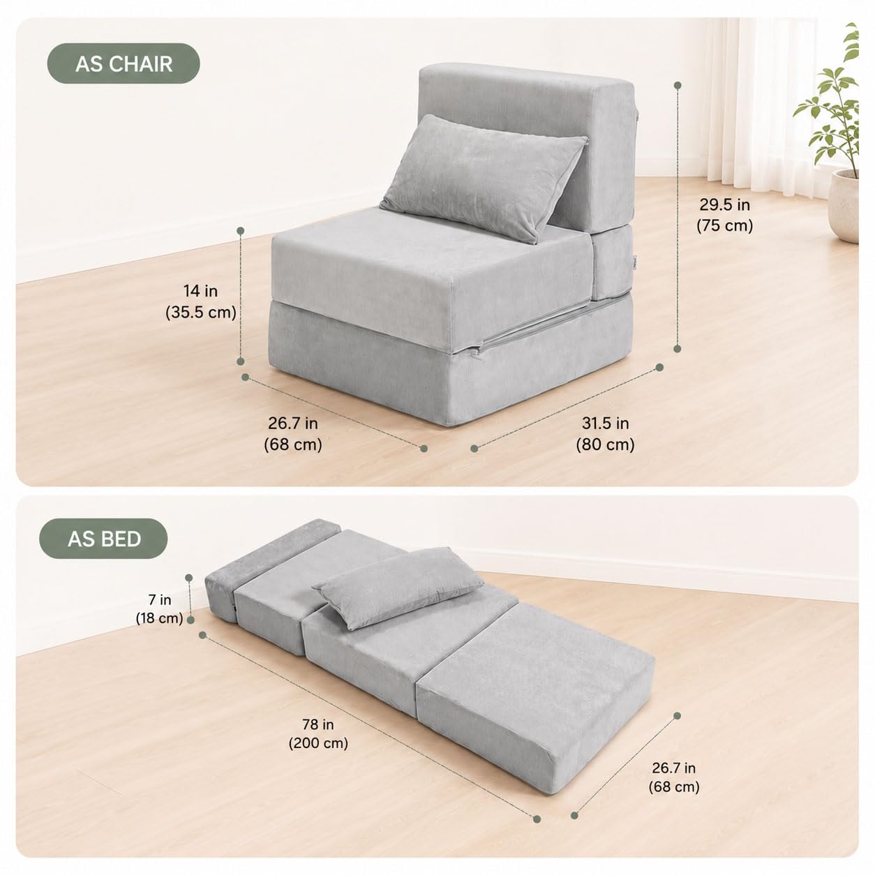 TokSay Folding Sofa Bed, Convertible Sleeper Chair, No Assembly (Grey)