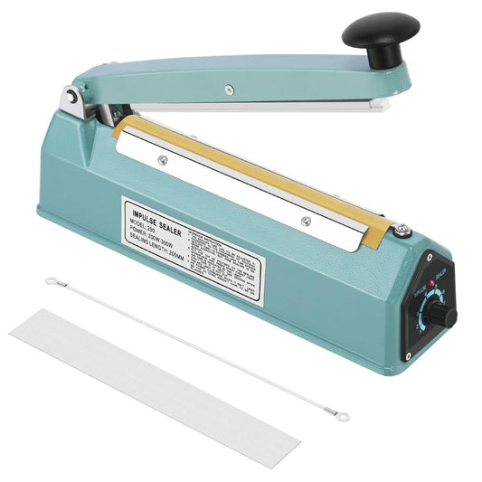 Flexzion 200mm (8") Impulse Sealer (300w)- Manual Plastic Poly Bag Heat Sealing Machine Closer Kit w/Adjustable Timer, Portable with Free Replacement