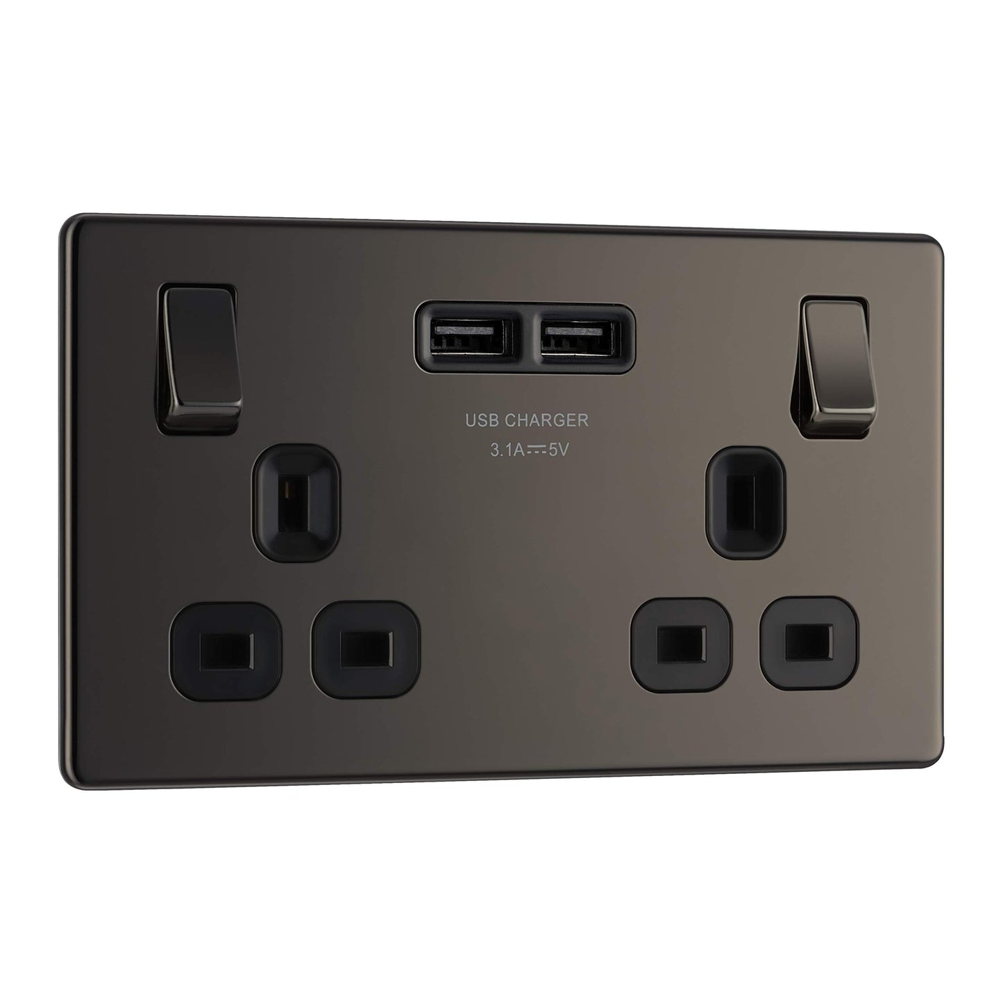 BG Electrical fbn22u3b Screwless Flat Plate Double Switched Fast Charging Power Socket with Two USB Charging Ports, 13 A, Black Nickel, 16.3 cm*18.0