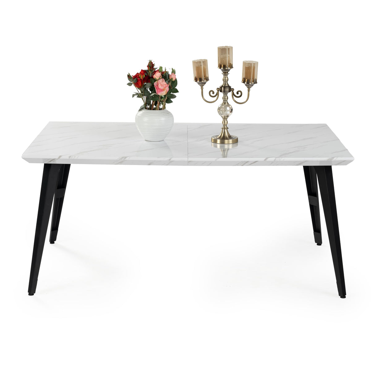 FurnitureR 150 cm Rectangular White Marble Effect top and Black Legs, 4-6 seat Table for Dining, Living Room, Kitchen, Cafe, 150x80x74cm