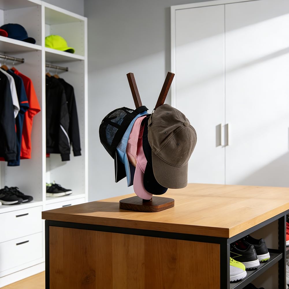 PH PandaHall Wooden Hat Stand, Baseball Caps Display Rack Y Shaped Wood Hat Racks Brown Tabletop Cap Storage Holder Hat Organizer Display for Closet