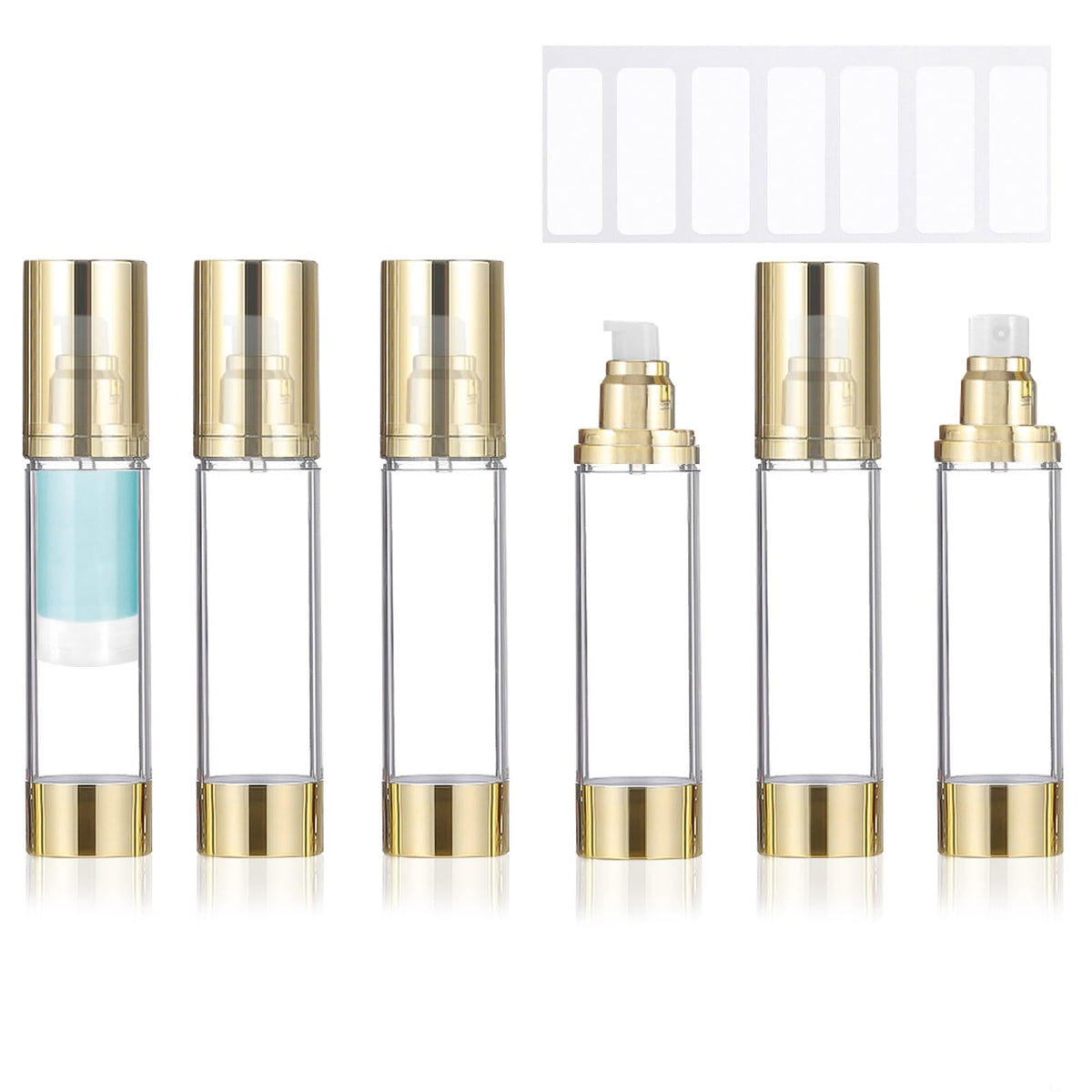 6Pcs 1.7oz/50ml Airless Pump Bottle Dispenser, Clear Empty Shampoo Bottles, Travel Lotion Container with Labels for Foundations Cream Serums Shampoo