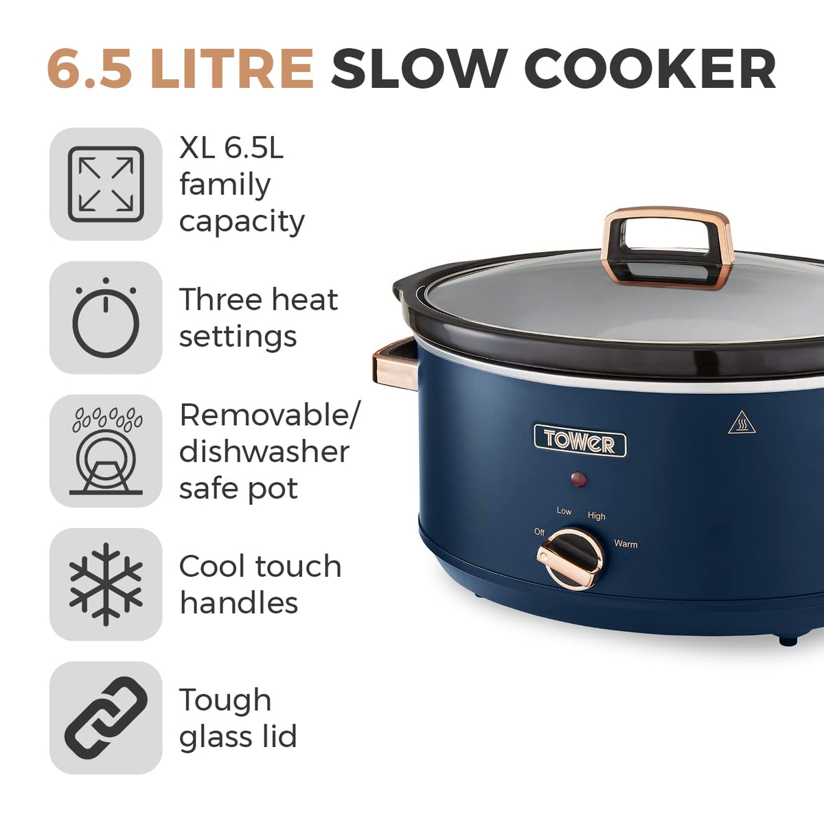 Tower T16043MNB Cavaletto 6.5 Litre Slow Cooker with 3 Heat Settings, Cool Touch Handles, Midnight Blue and Rose Gold