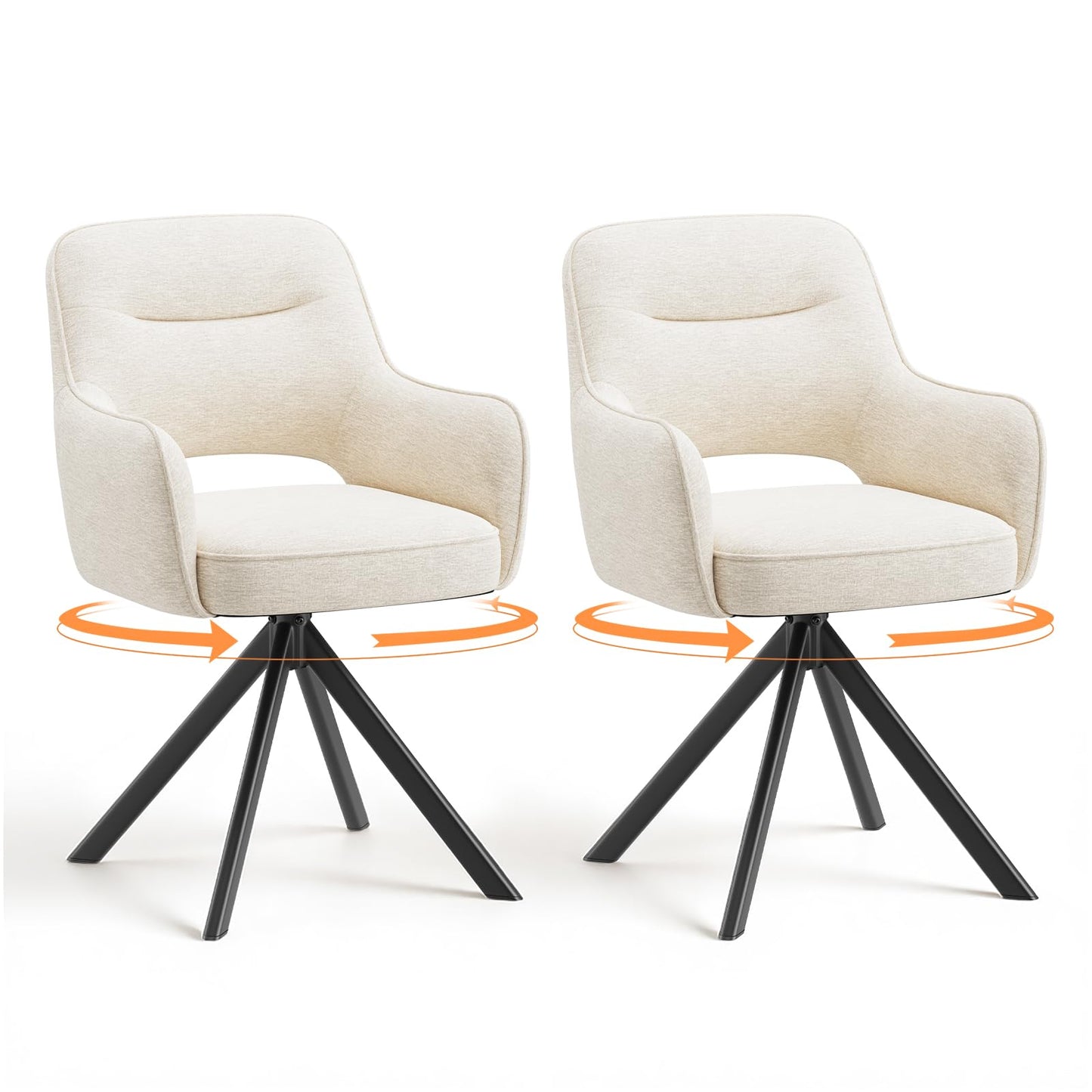 COLAMY 360°Swivel Dining Chairs Set of 2, Fabric Chairs for Dining Room with Armrests, Hollow Backrest and Thick Seat Cushion