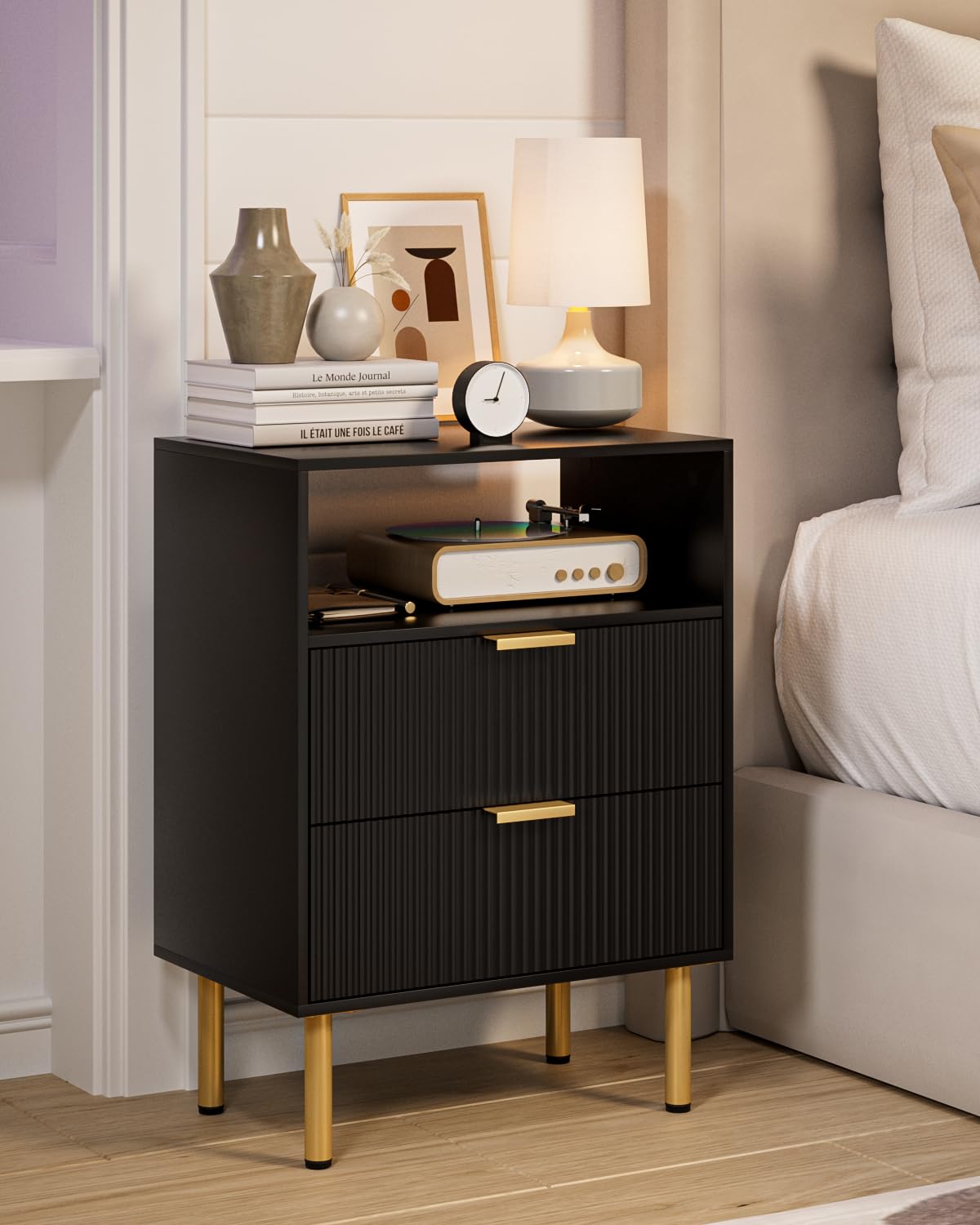 Apetaccat Bedside Table with 2 Drawers, Modern Bedside Cabniet with Metal Legs, Fluted Nightstand, Side Table for Bedroom, Living Room, Office