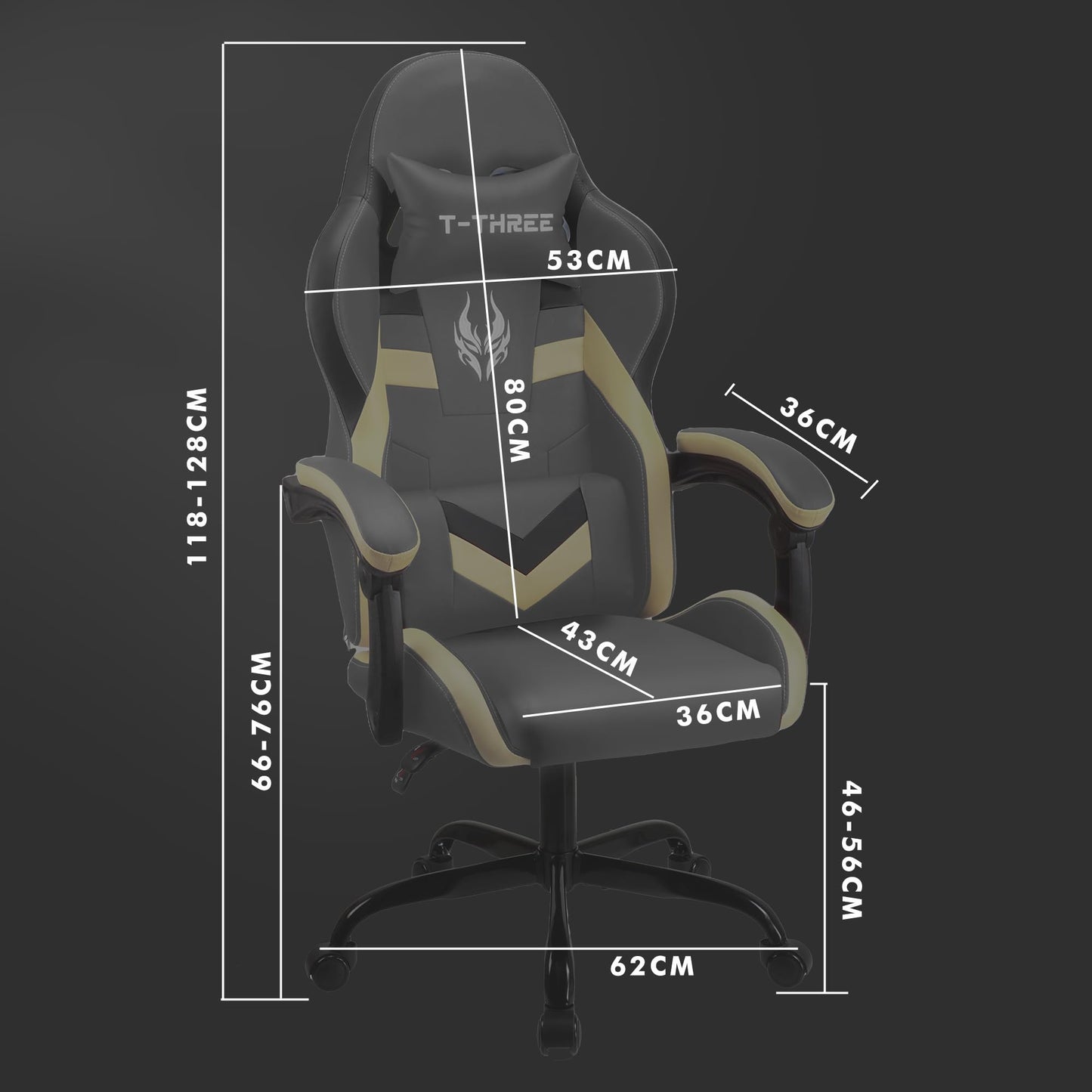 T-THREE.Ergonomic high-back gaming, computer, office, study, swivel, and racing-style chair with adjustable lumbar and headrest support, 150kg weight