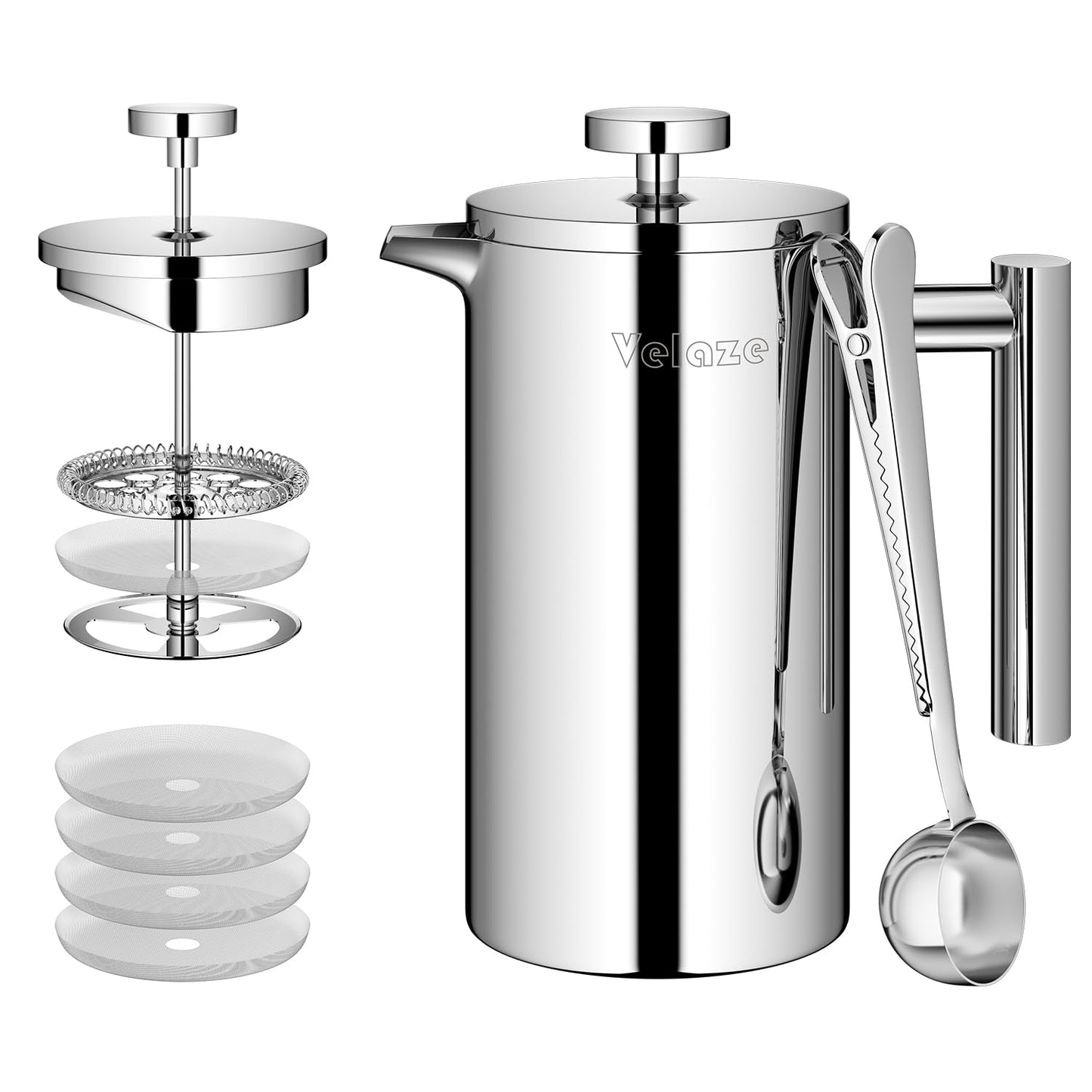Velaze 1L / 35oz 8 Cups French Cafetiere Coffee Pot, French Press with Stainless steel,Double Wall Tea Maker, with 1 Coffee Spoon and 5pcs Additional