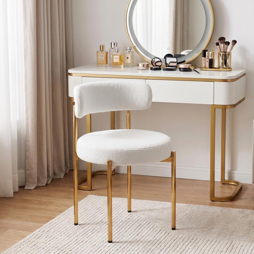 YEEFY Desk Chair No Wheels Vanity Chair Comfy Accent Chair for Living Dining Room Bedroom Home Office Mid Century Modern Upholstered Armless with