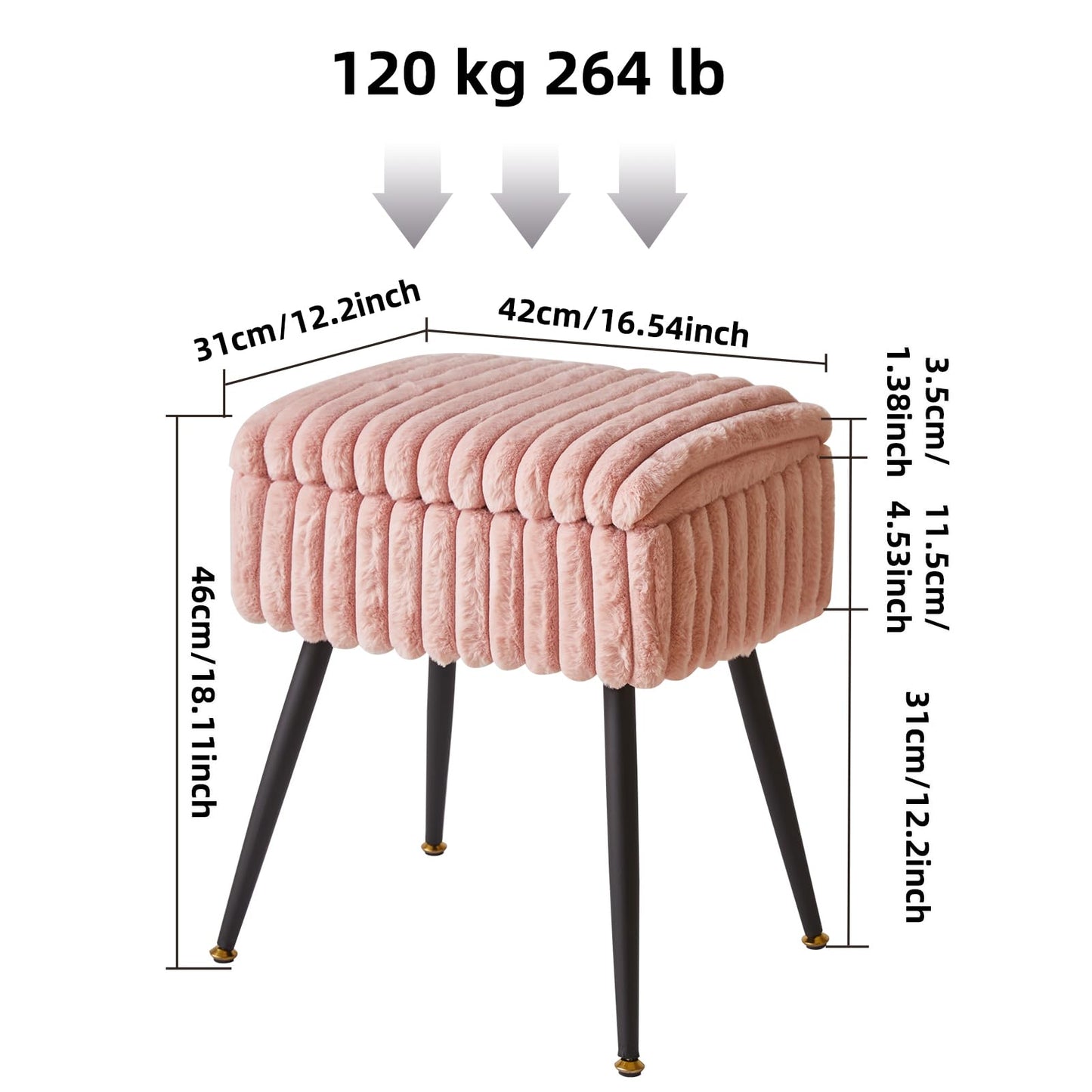 Aibiju Rectangle Dressing Table Stool with Storage Footstool Velvet Ottoman Makeup Chair with 4 Metal Legs for Home Living Room Bedroom Pink YD-MS151P