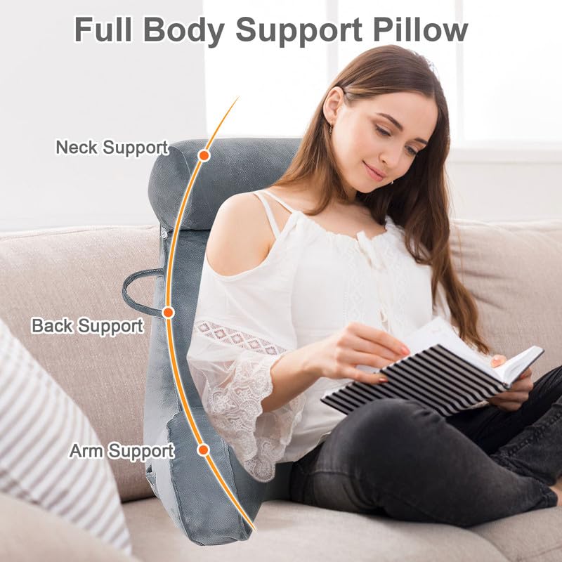 Mingfuxin Reading Pillows for Bed Sofa, Bed Backrest Pillows with Neck Arm Back Support Pillow, Adult Back Reading Cushion with Detachable Neck Roll &
