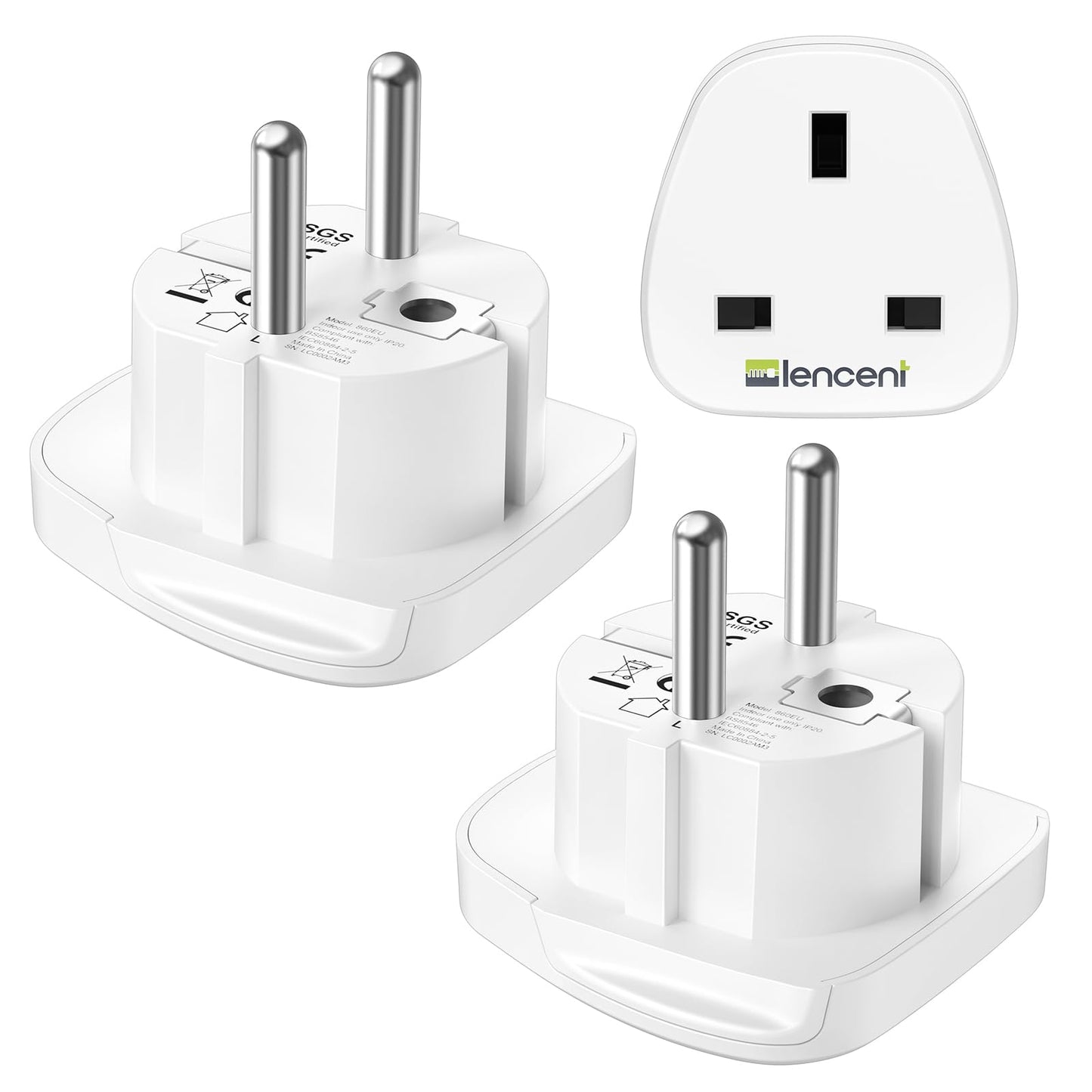 LENCENT 2X UK to EU Euro Europe Plug Adapter, Grounded European Travel Adapter for Spain Germany France Portugal Greece Russia Netherlands Turkey and