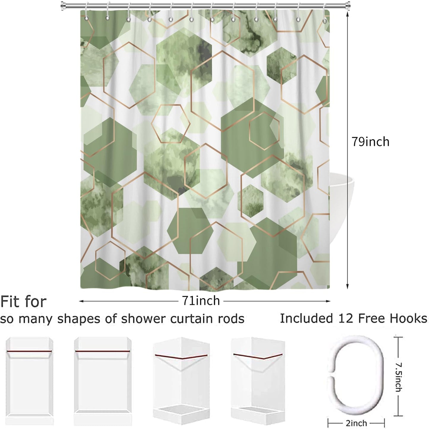 Hnmdmyi Sage Green Shower Curtain 180x200, Modern Geometric Hexagon Abstract Art Bathroom Curtains Waterproof Polyester Fabric Washable Bath Curtains