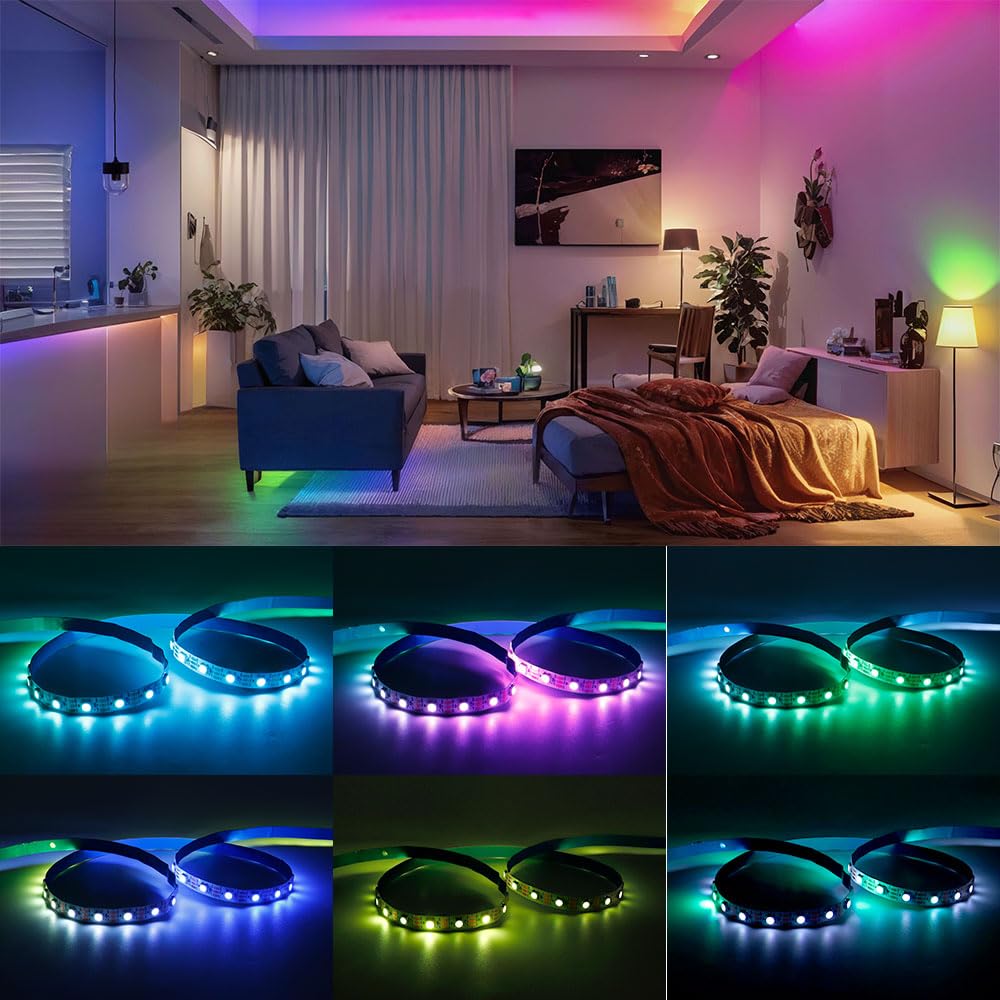 LOAMLIN WS2812B Individually Addressable RGB LED Strip 16.4FT 5050SMD Smart Flexible Dream Full Color 60Pixels/m White PCB Light IP30 Non Waterproof