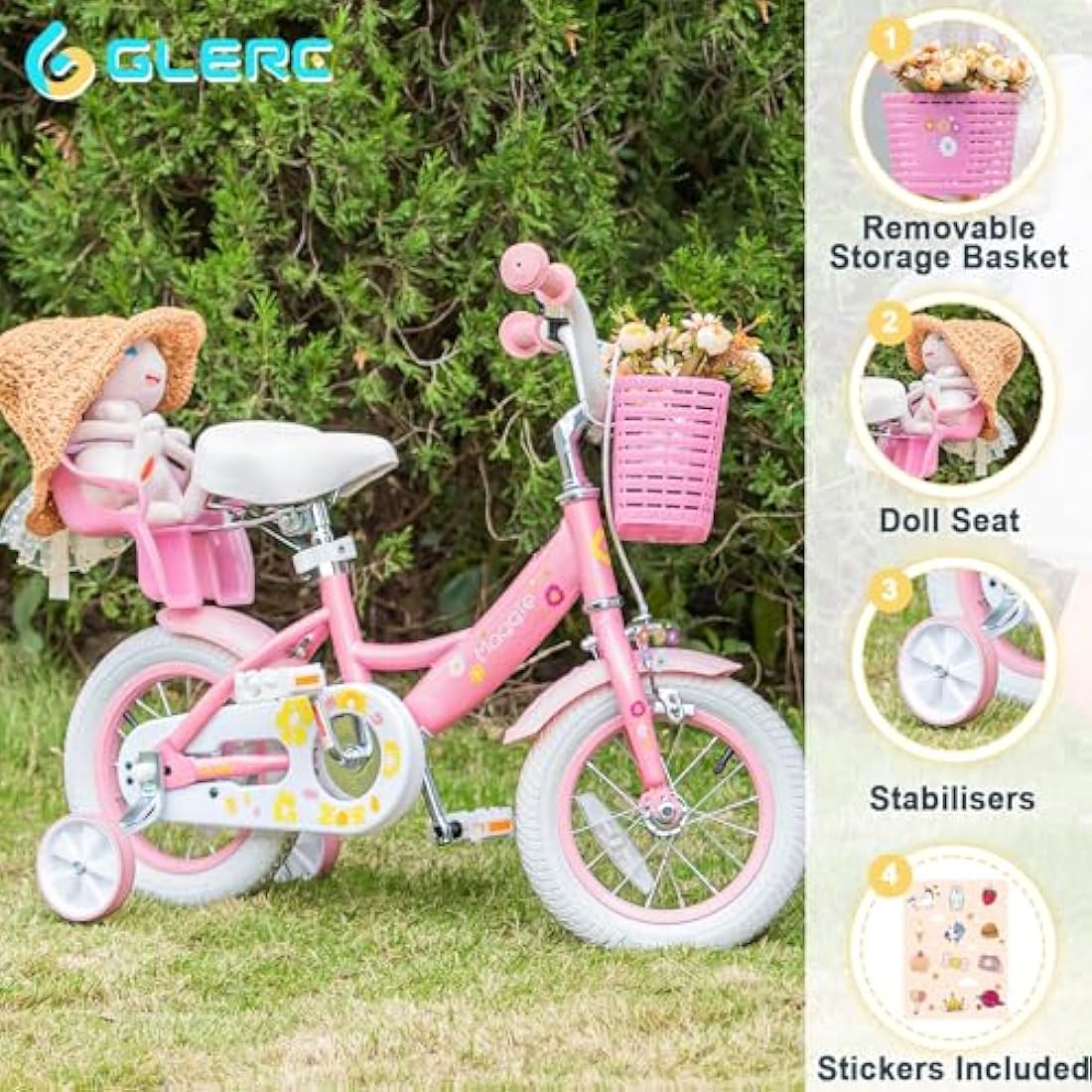Glerc Maggie 12 Inch Kids Bike for 2-13 Years Old, Girls Bicycle with Doll-Seat & Basket & Stabilisers & Kickstand, Multiple Colors