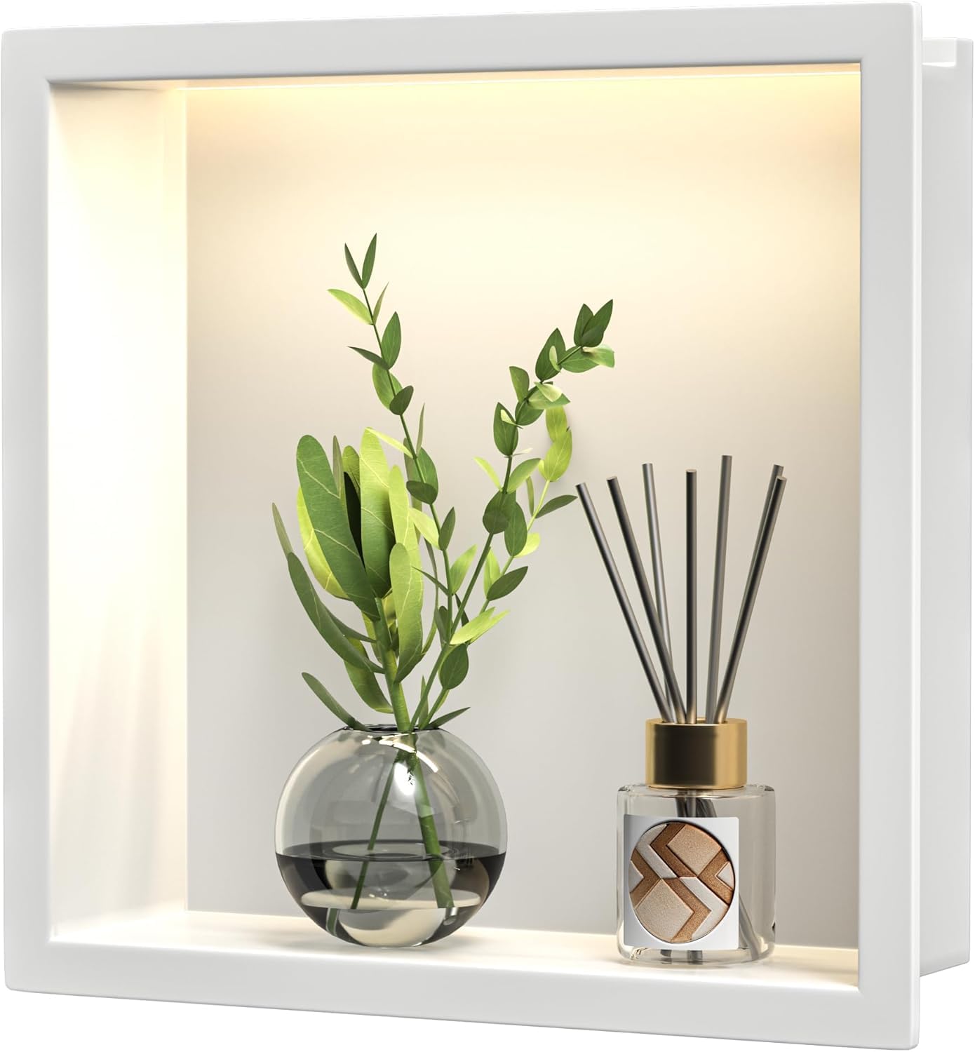Bernkot Stainless Steel Shower Niche 300 mm x 300 mm White with Guided Light Waterproof No Tiles Required Wall Recess for Bathroom Storage Over