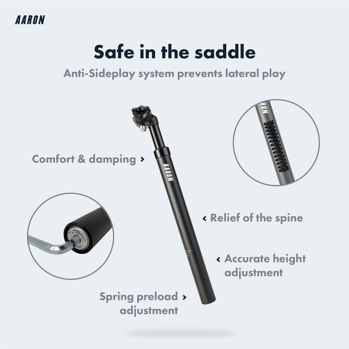 AARON - Spring Suspension Bike Seat Post - Aluminum Saddle Seatpost for E Bicycle, MTB, Trekking Bikes, City Bikes - 27.2mm Diameter, 13.8" (350mm)