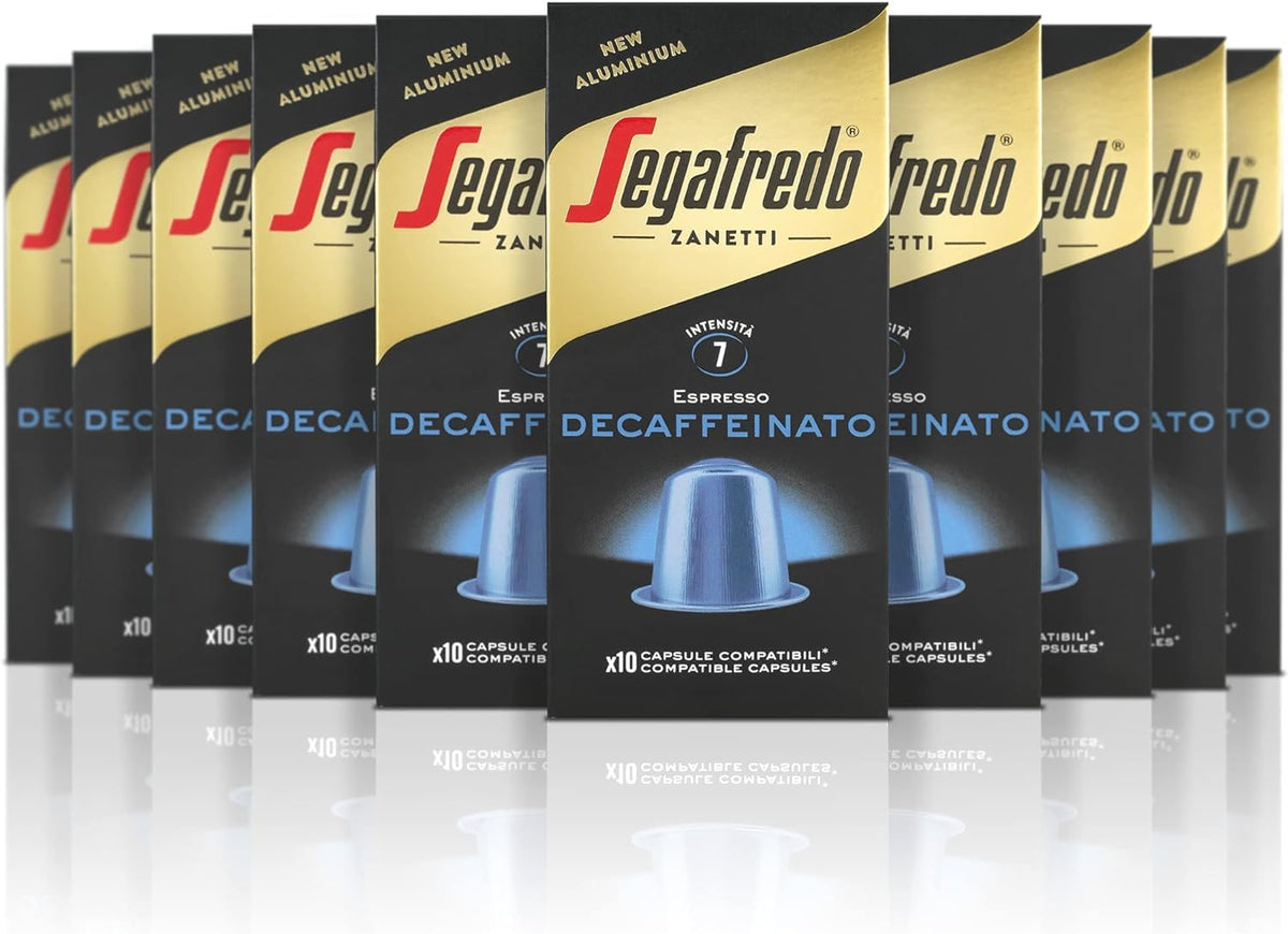 Segafredo Zanetti - 100 Nespresso? * Compatible Capsules, Aluminum Line, Decaffeinated with Natural Method - 10 Boxes of 10 Capsules
