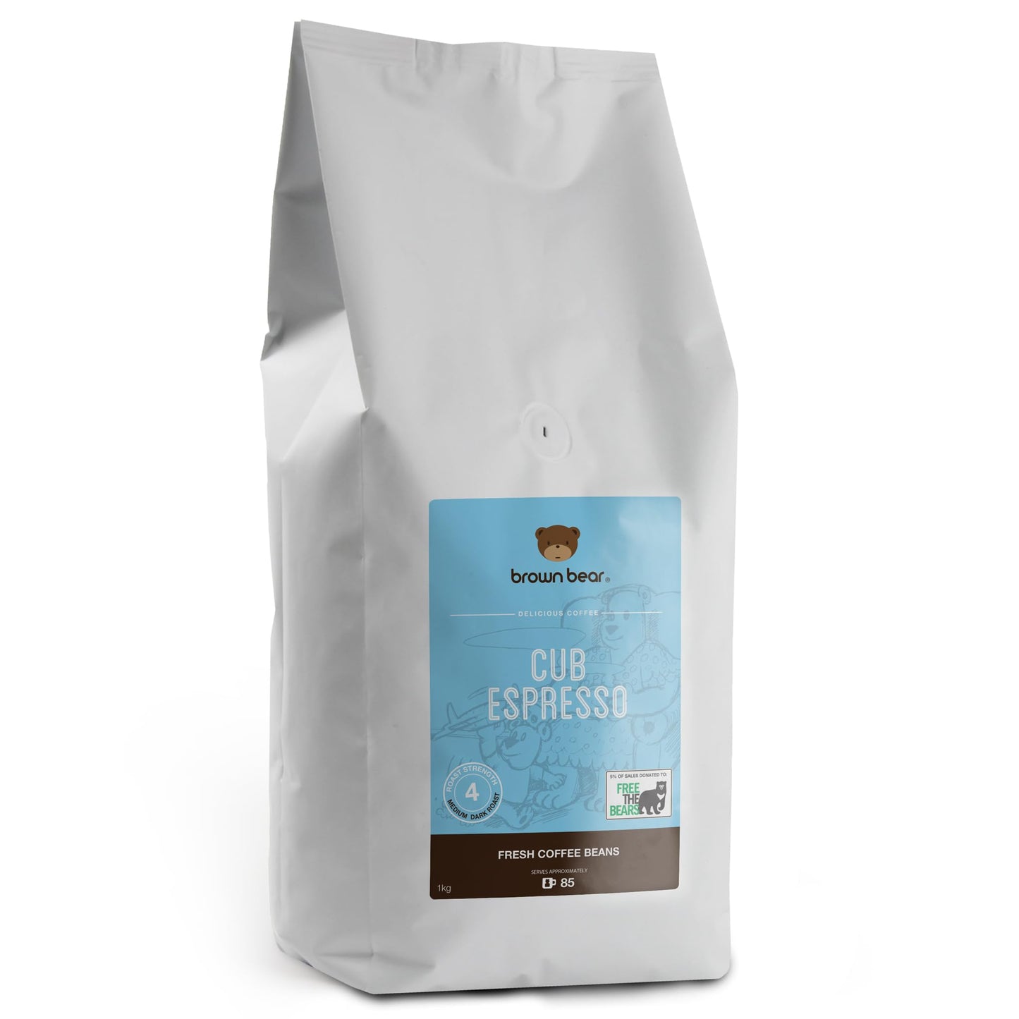 Medium Dark Roast Crema Strong Espresso Coffee Beans 1kg - Brown Bear Cub Espresso Blend - For All Coffee Machines - Strength 4 - Donation to Free The