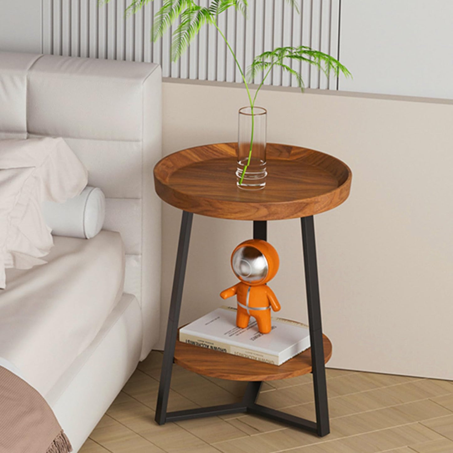 HOME BI Round End Table with Storage Shelf, 2 Tier Farmhouse Circle Side Table Nightstand for Living Room, Bedroom,Cherry Wood Grain