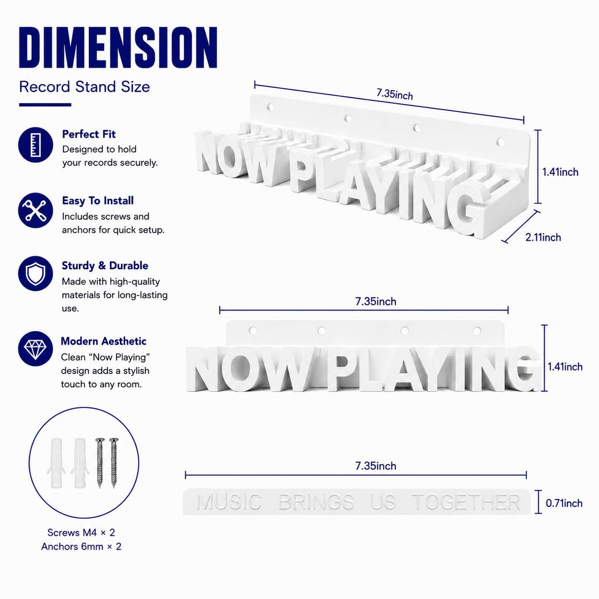 WPESI Now Playing Vinyl Record Stand, Wall Mount Display for Albums - Hanging Record Storage Holder (White)