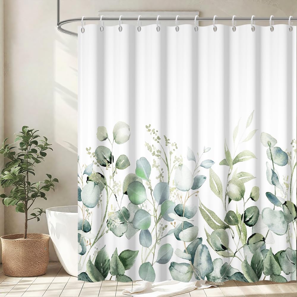 Green Eucalyptus Shower Curtain, Uiiooazy Sage Green Leaves Floral Plant Bath Curtain Mildew and Mould Resistant Waterproof Polyester Fabric Washable
