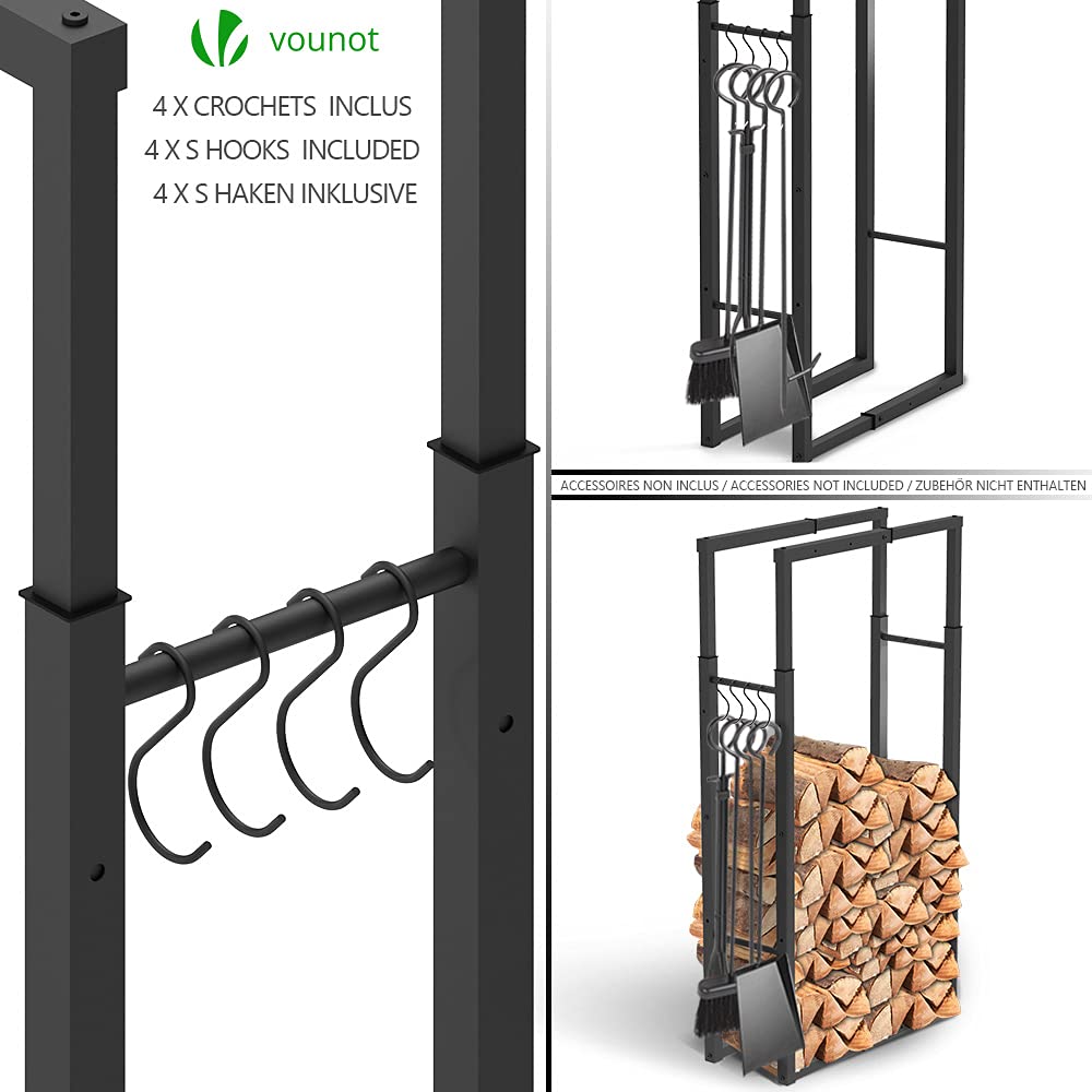VOUNOT Firewood Log Rack, Retractable Metal Log Store Holder for Outdoor or Indoor, 9 Adjustable Sizes, Maximum dimension 65 x 25 x 150 cm, Black