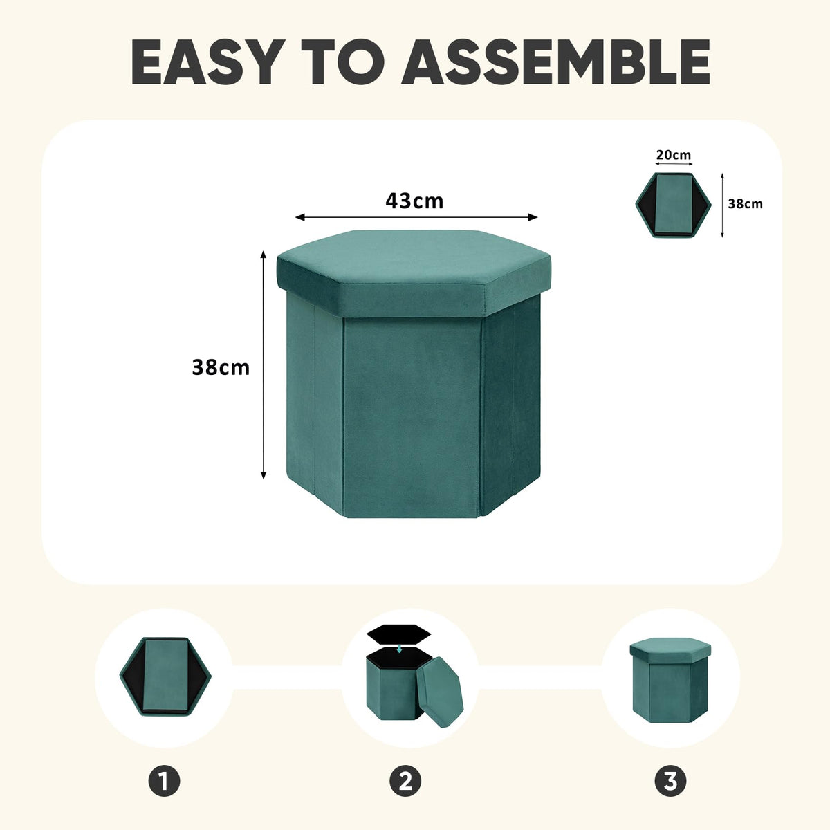 PINPLUS Hexagonal Storage Ottoman, Velvet Foldable Footstool, Teal