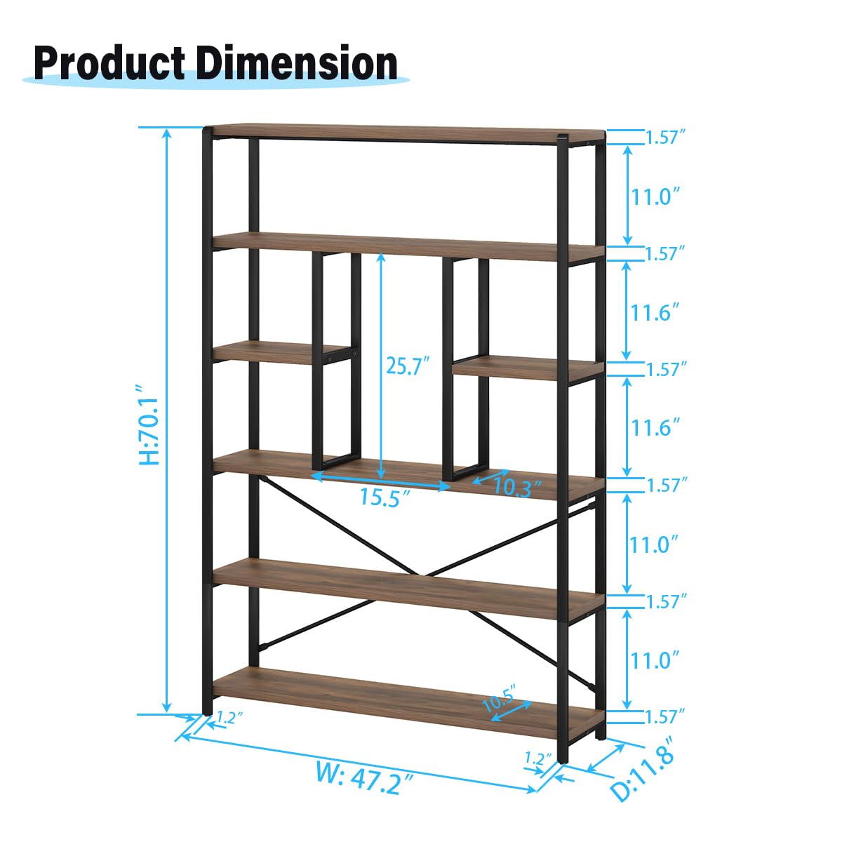 LVB Tall Industrial Etagere Bookcase, Modern Wood Large Open 6 Tier Bookshelf, Vintage Wide Metal Book Shelf Organizer