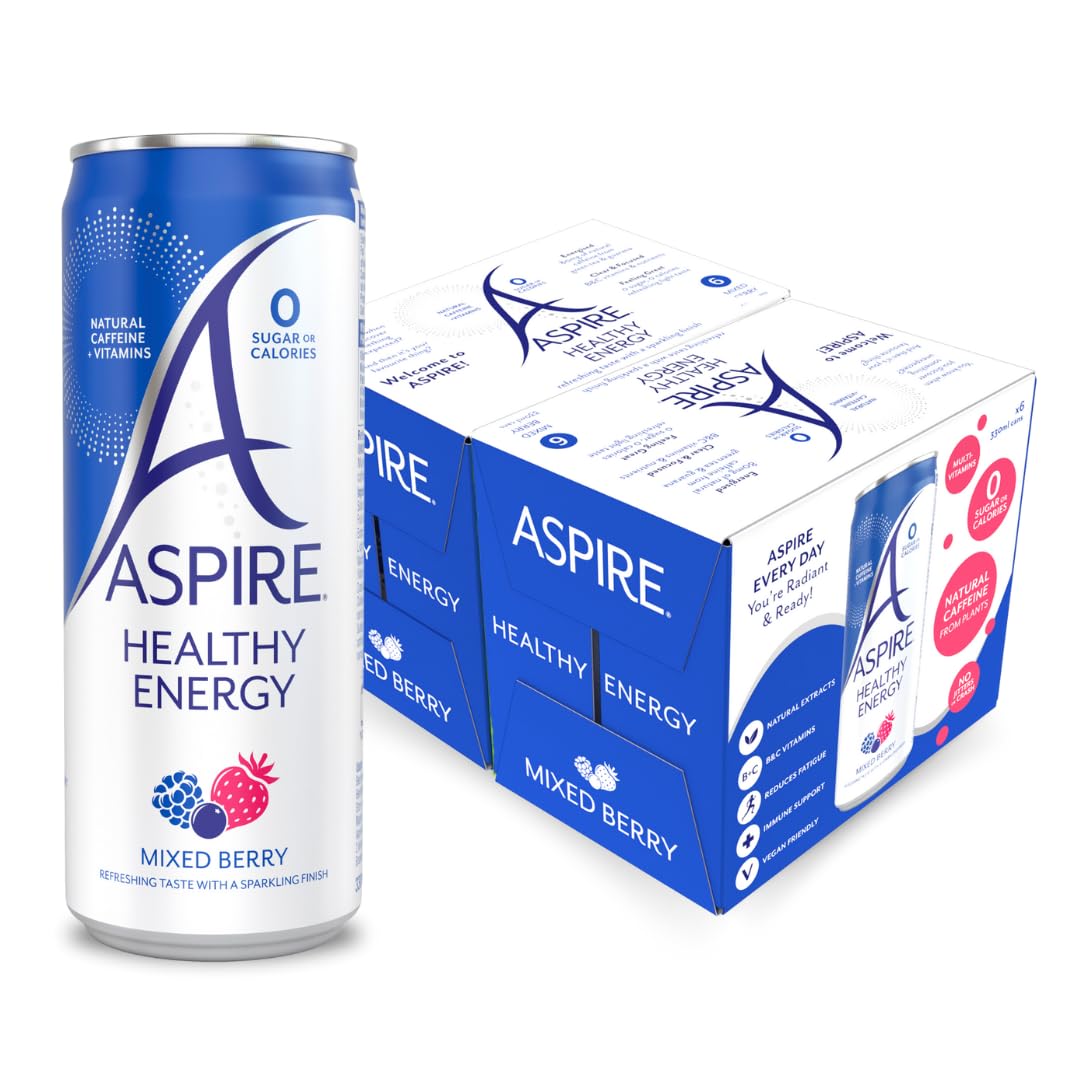 ASPIRE Healthy Energy Drink ? 12 x 330ml Cans ? Zero Calories & Zero Sugar ? Natural Plant Based Caffeine & Multivitamins- Vegan & Gluten Free (Mixed