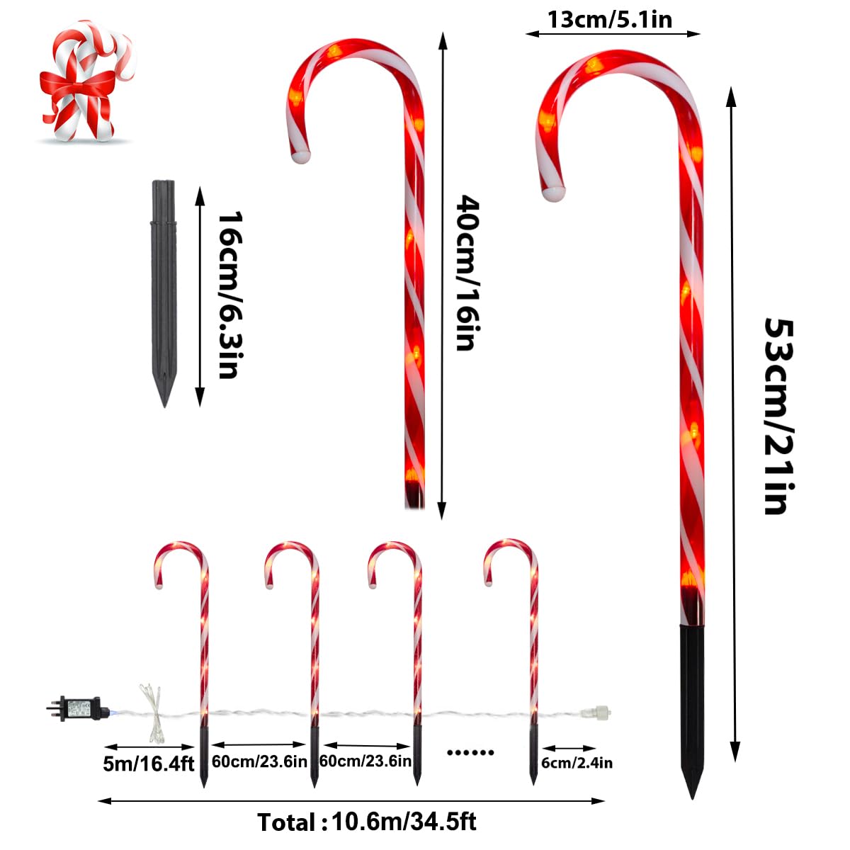 Christmas Lights Outdoor - 10 Sets 21in Candy Cane 60 Red LEDs with Memory Function 8 Modes End-to-End Plug in Waterproof Extendable Lighted Xmas Path