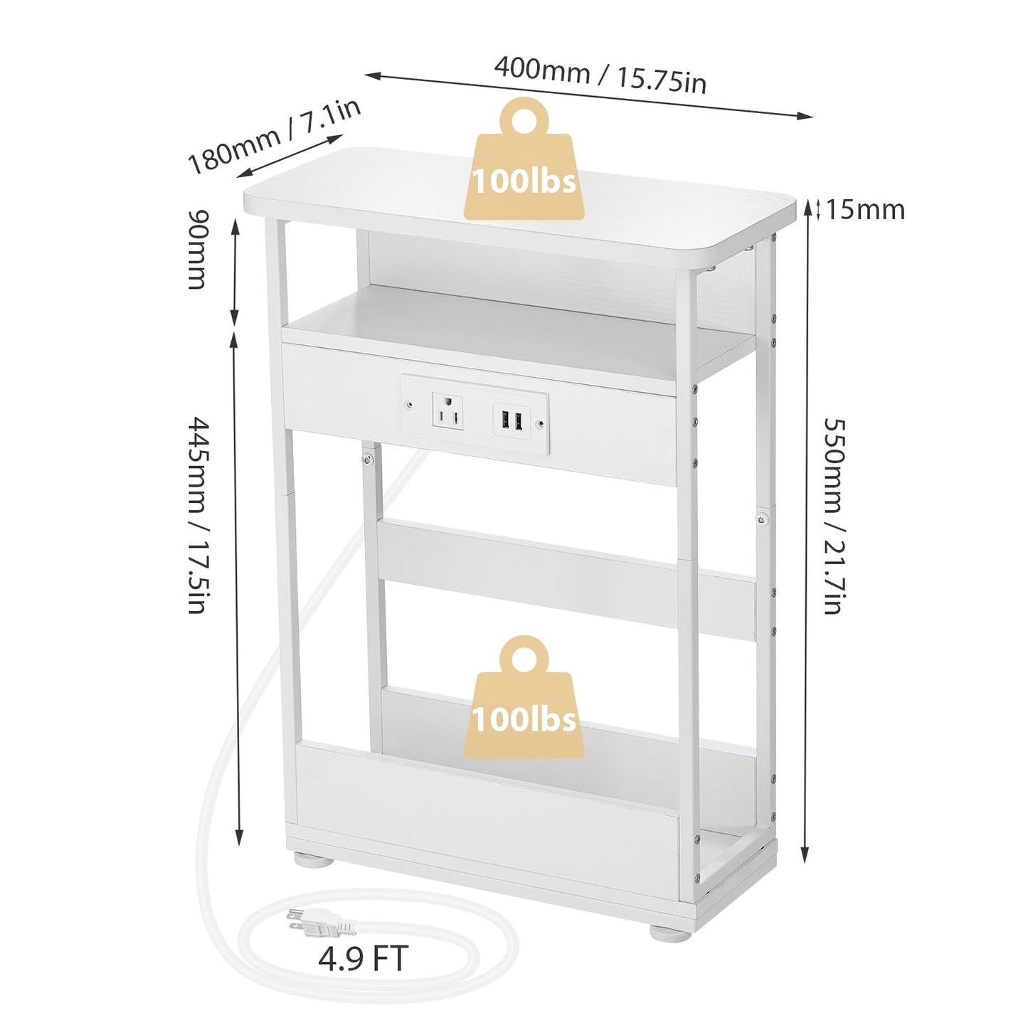 YEAKOO Narrow Side Table With Charging Station, 3 Tier End Table with 2 USB Ports & Power Outlets,Slim Sofa Side Table for Narrow and Small Spaces