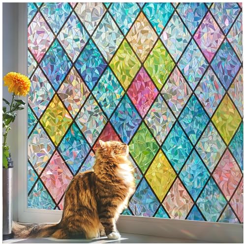 Beautysaid Rainbow Privacy Window Film: Stained Glass, No-Glue Frosted Window Film, Static Cling Film (Multicolor, 60x1000cm
